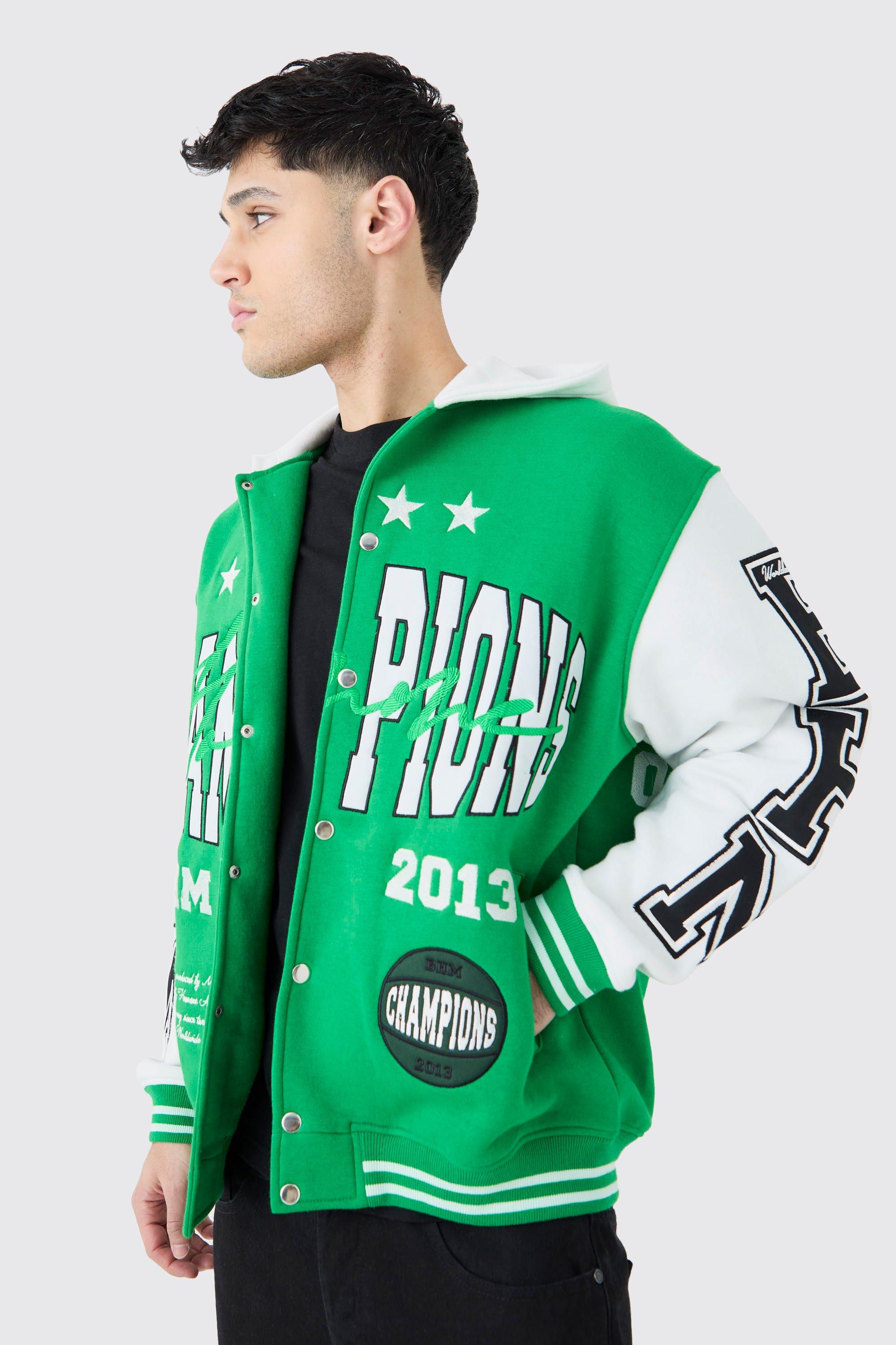 Image of Oversized Applique Basketball Jersey Varsity Jacket, Verde