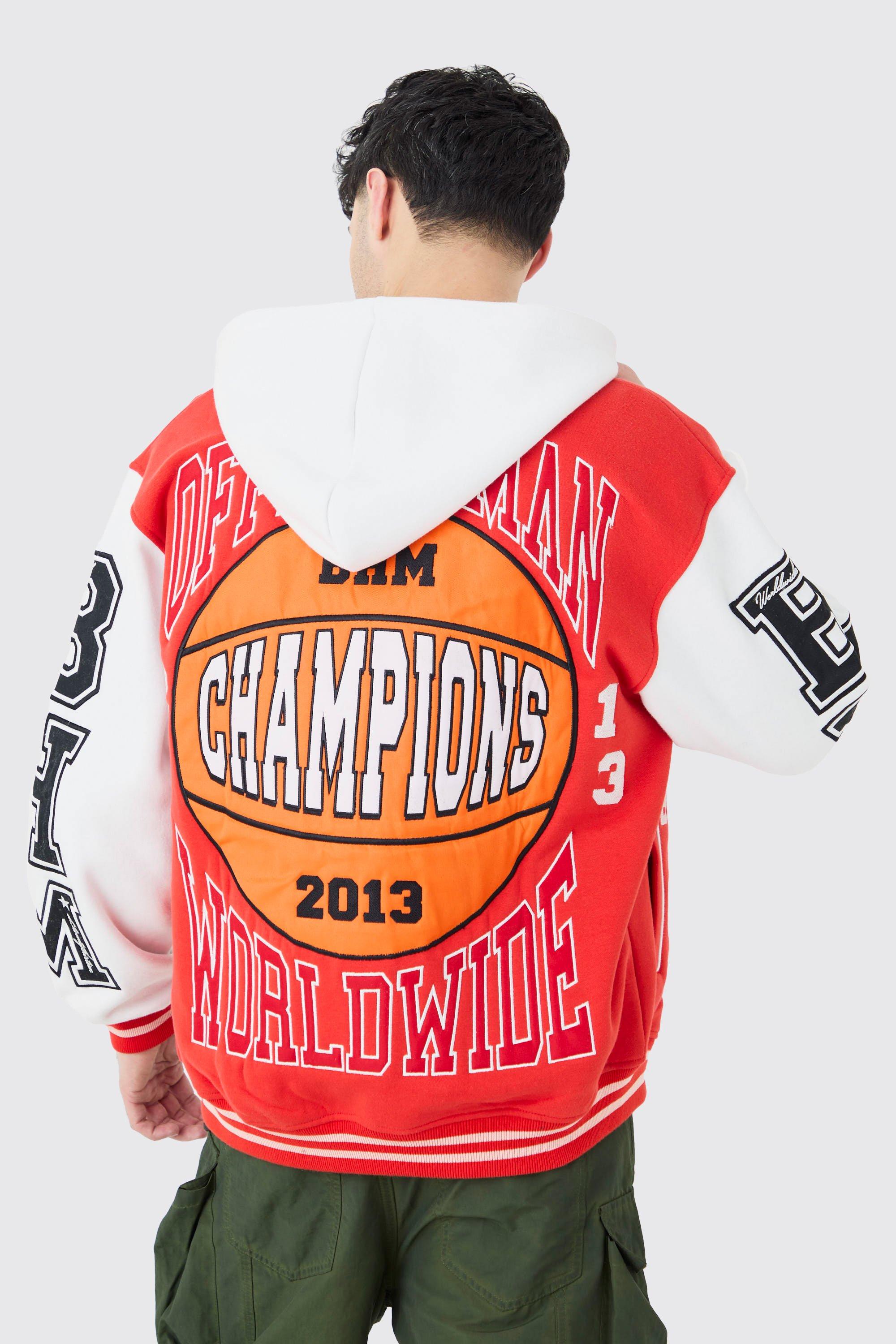 Image of Oversized Applique Basketball Jersey Varsity Jacket, Rosso