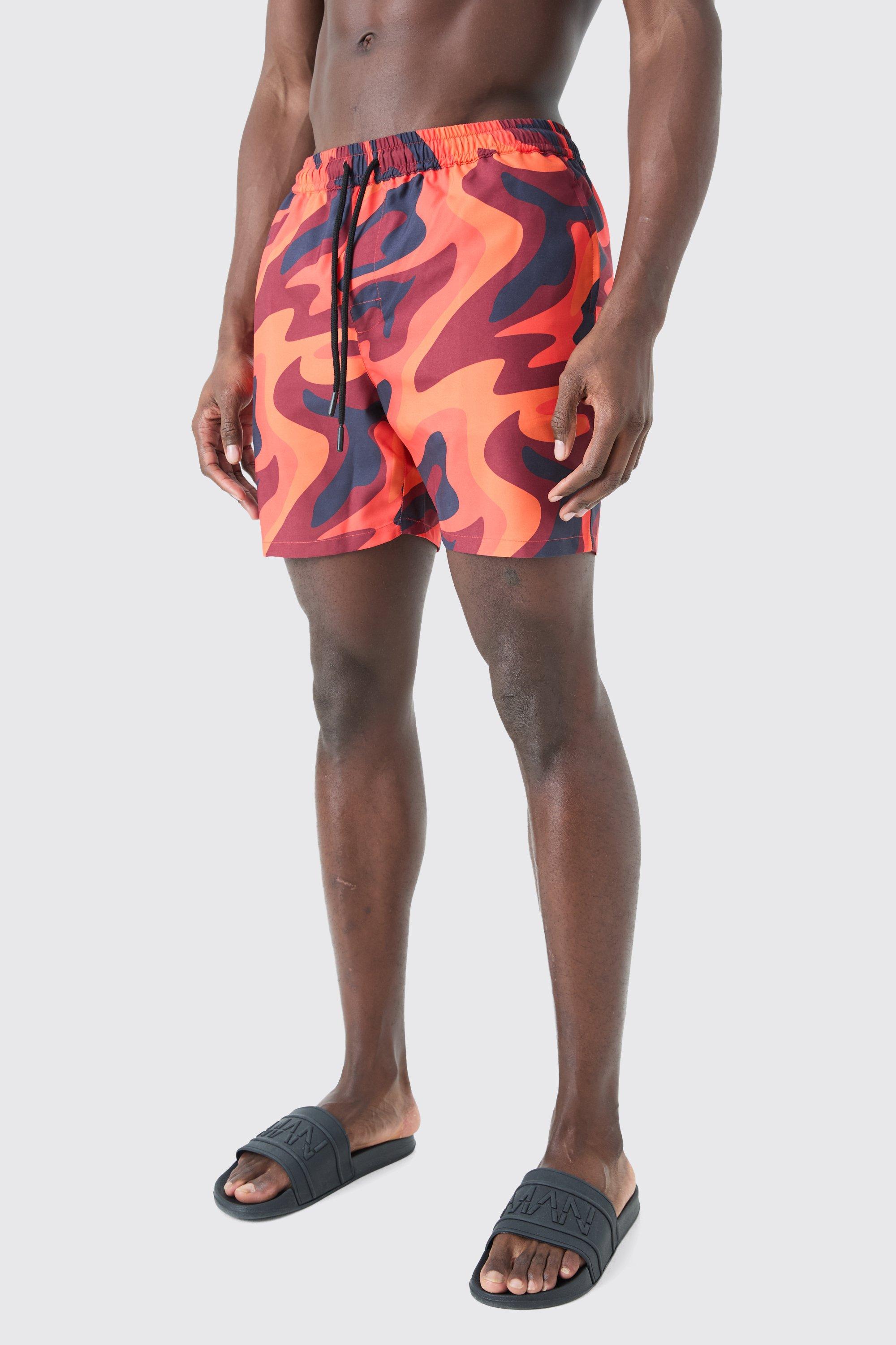 Mens Red Mid Length Flame Swim Short, Red