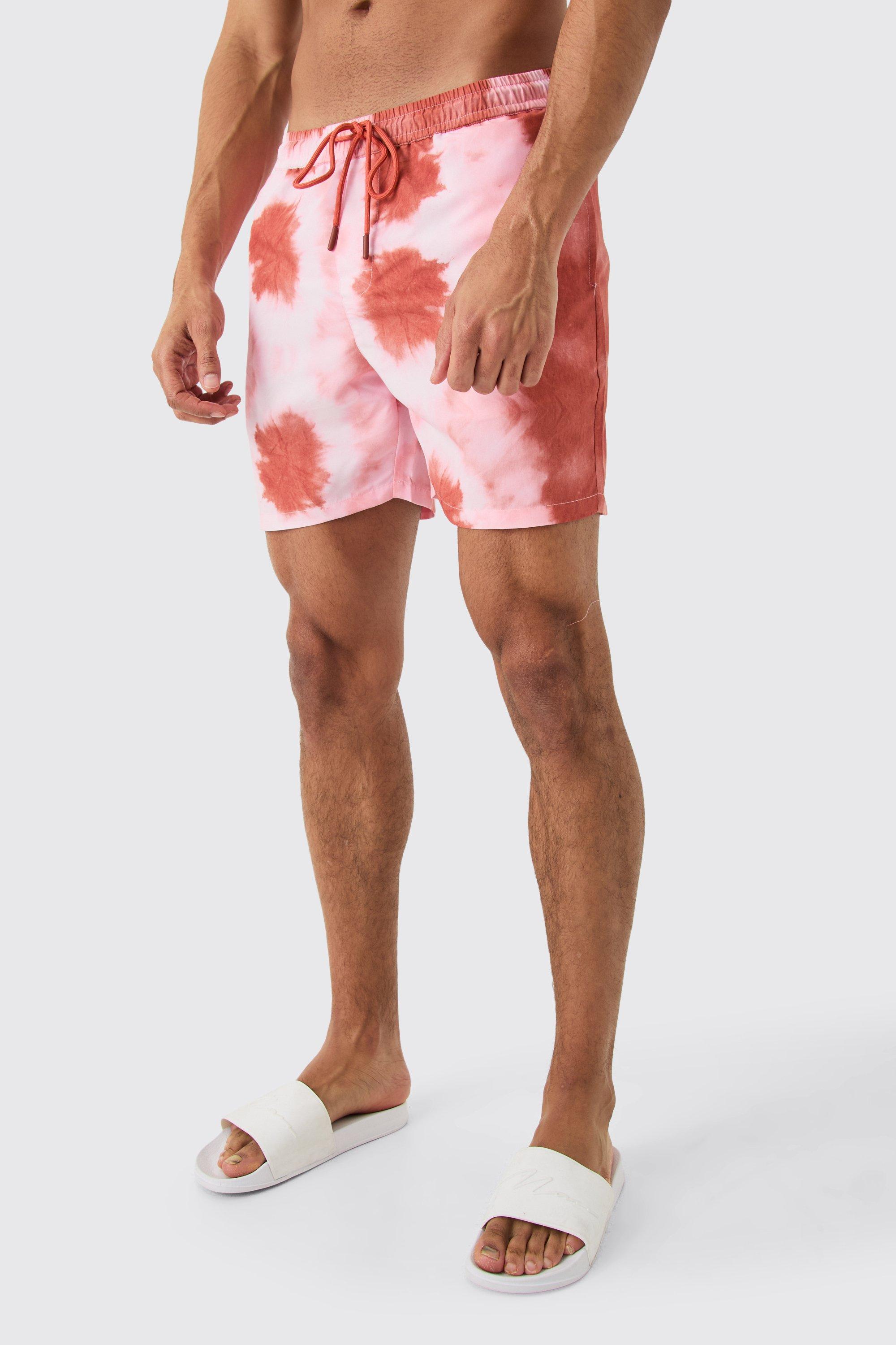 Mens Pink Mid Length Tie Dye Swim Short, Pink