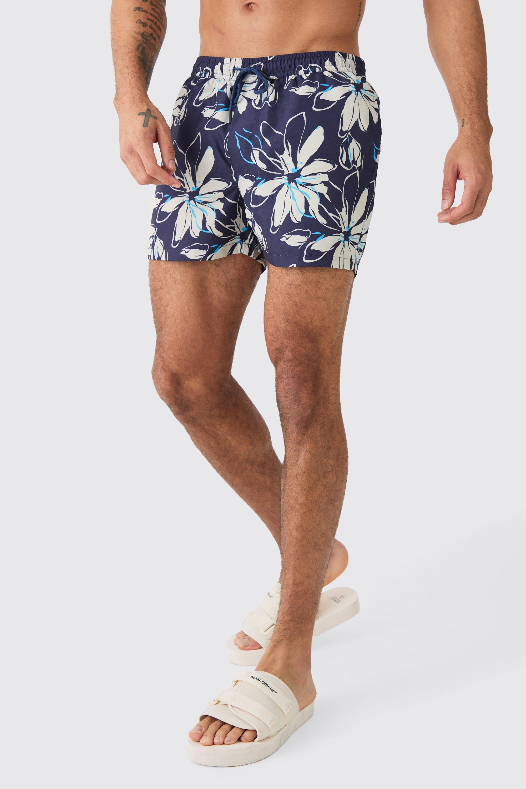 Mens Navy Short Length Flower Swim Short, Navy