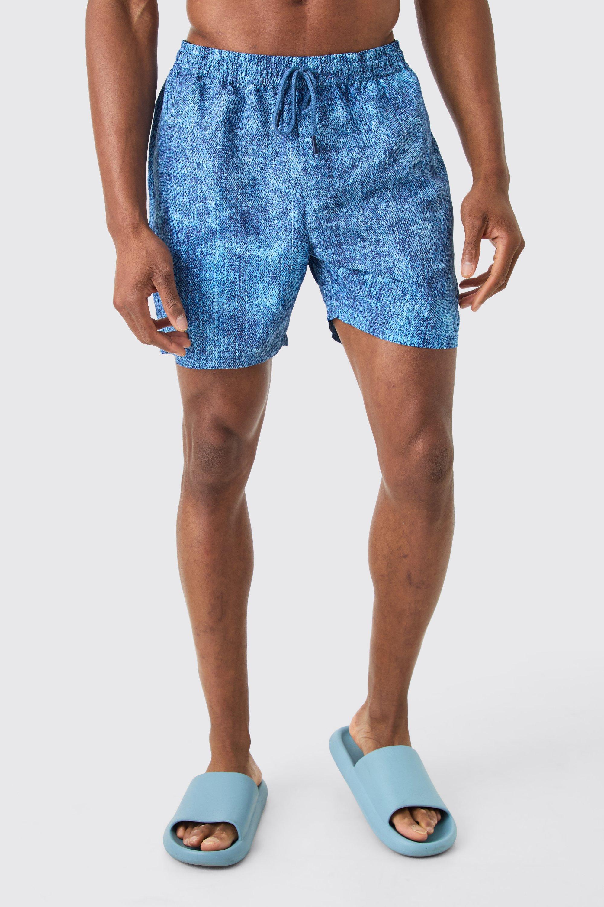 Mens Blue Mid Length Denim Look Swim Short, Blue