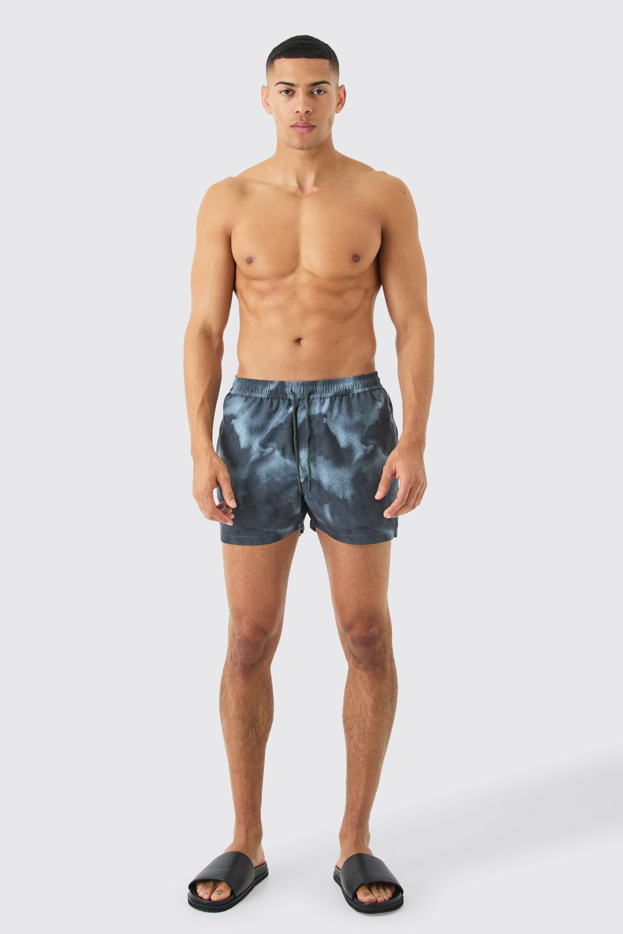 Mens Grey Short Length Acid Wash Swim Short, Grey