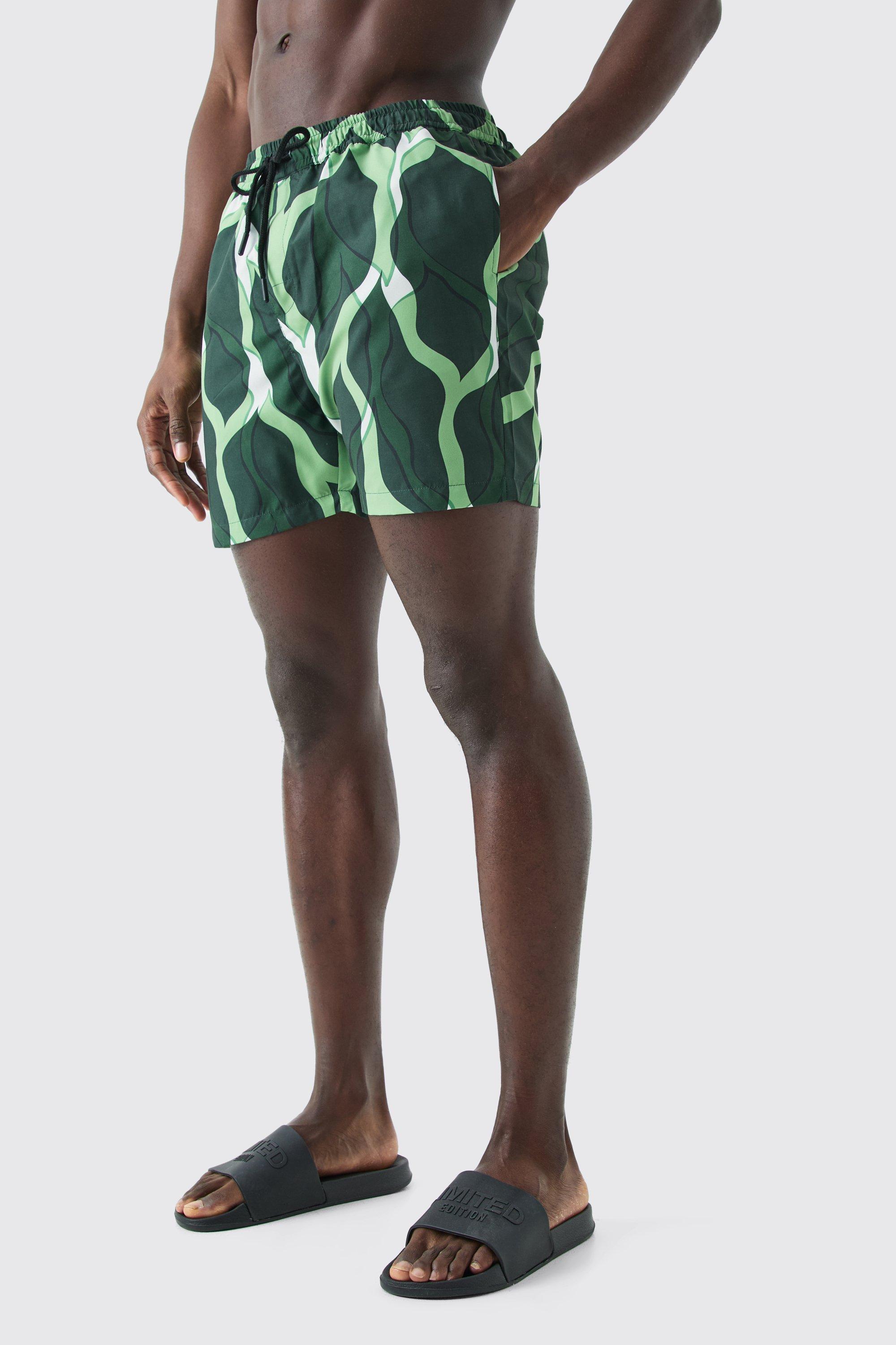 Mens Green Mid Length Leaf Swim Short, Green