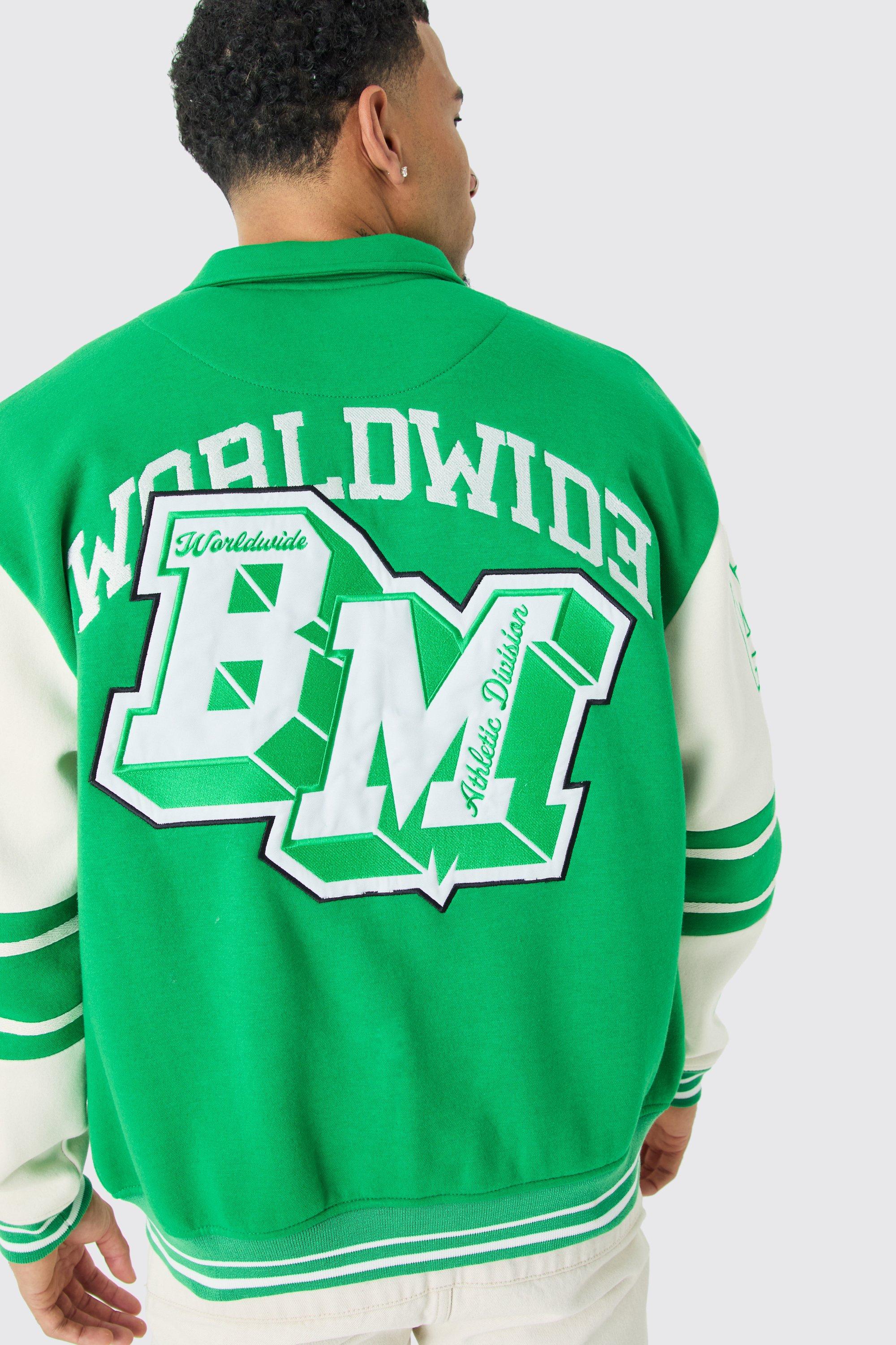 Mens Green Oversized Embroidered Harrington Jersey Bomber Jacket, Green