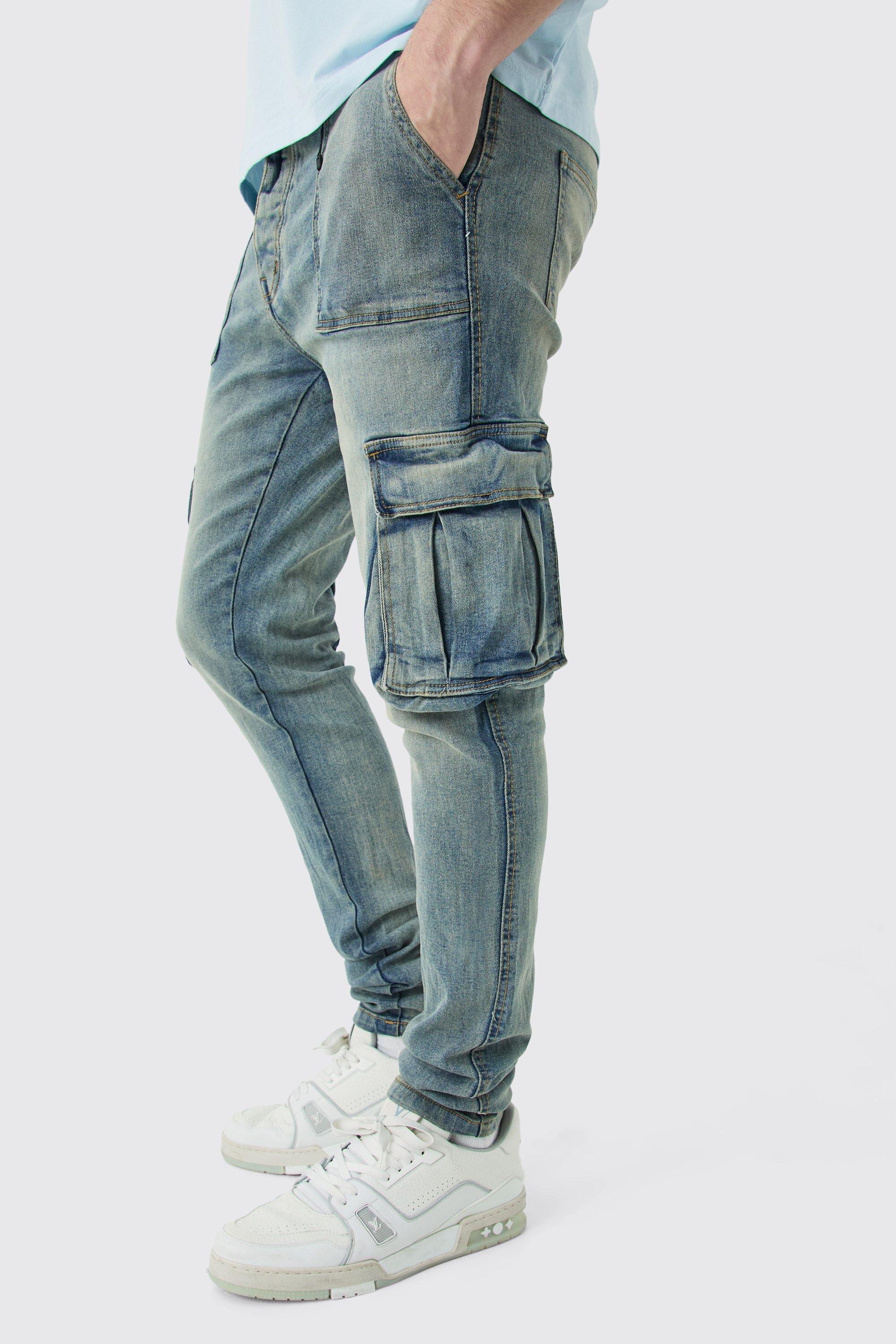 Image of Jeans Cargo Tall Skinny Fit da uomo con dettagli stile lavoro, Azzurro