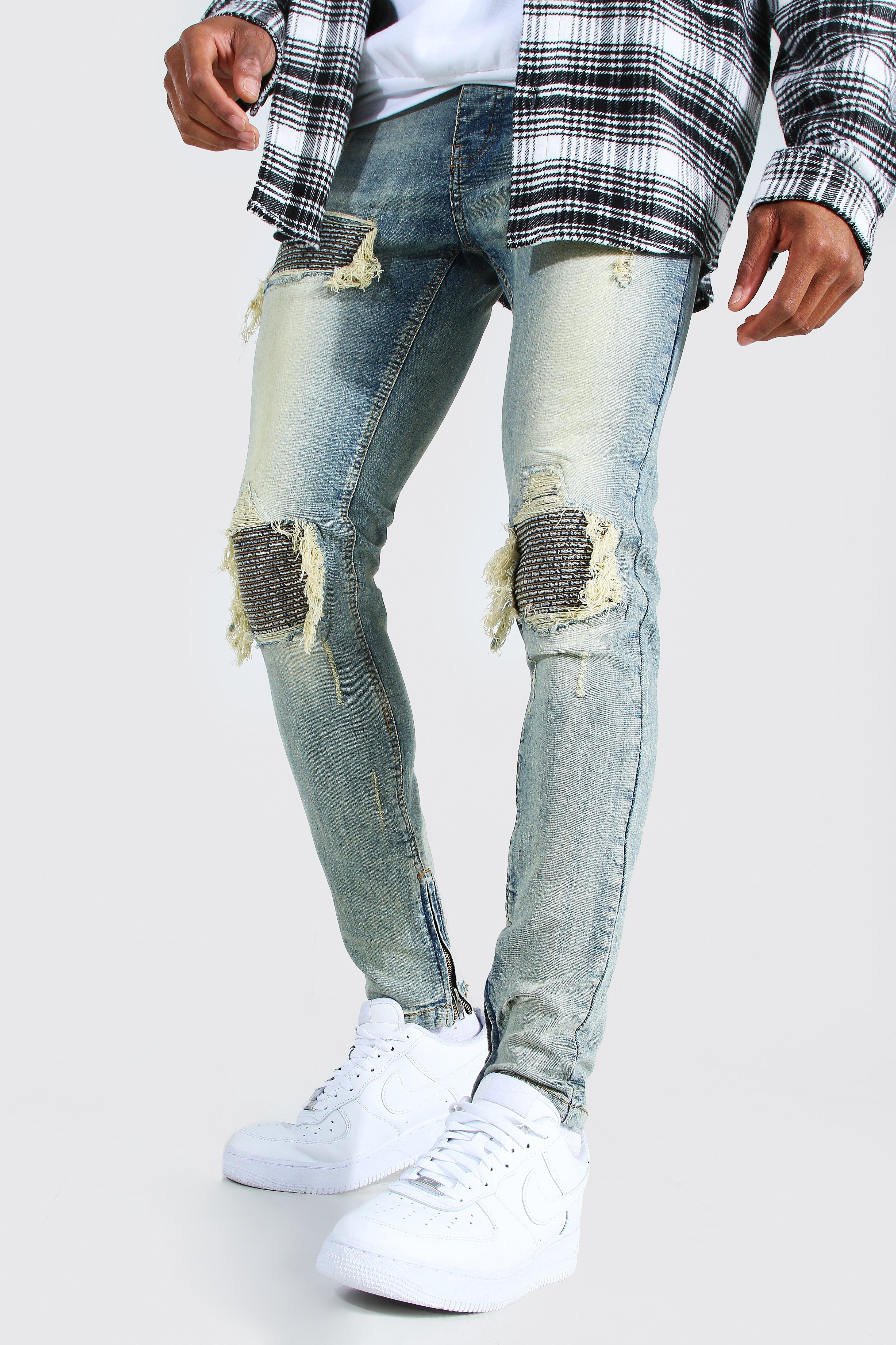 Image of Jeans da Biker Skinny Fit Stretch da uomo con strappi & rattoppi, Azzurro