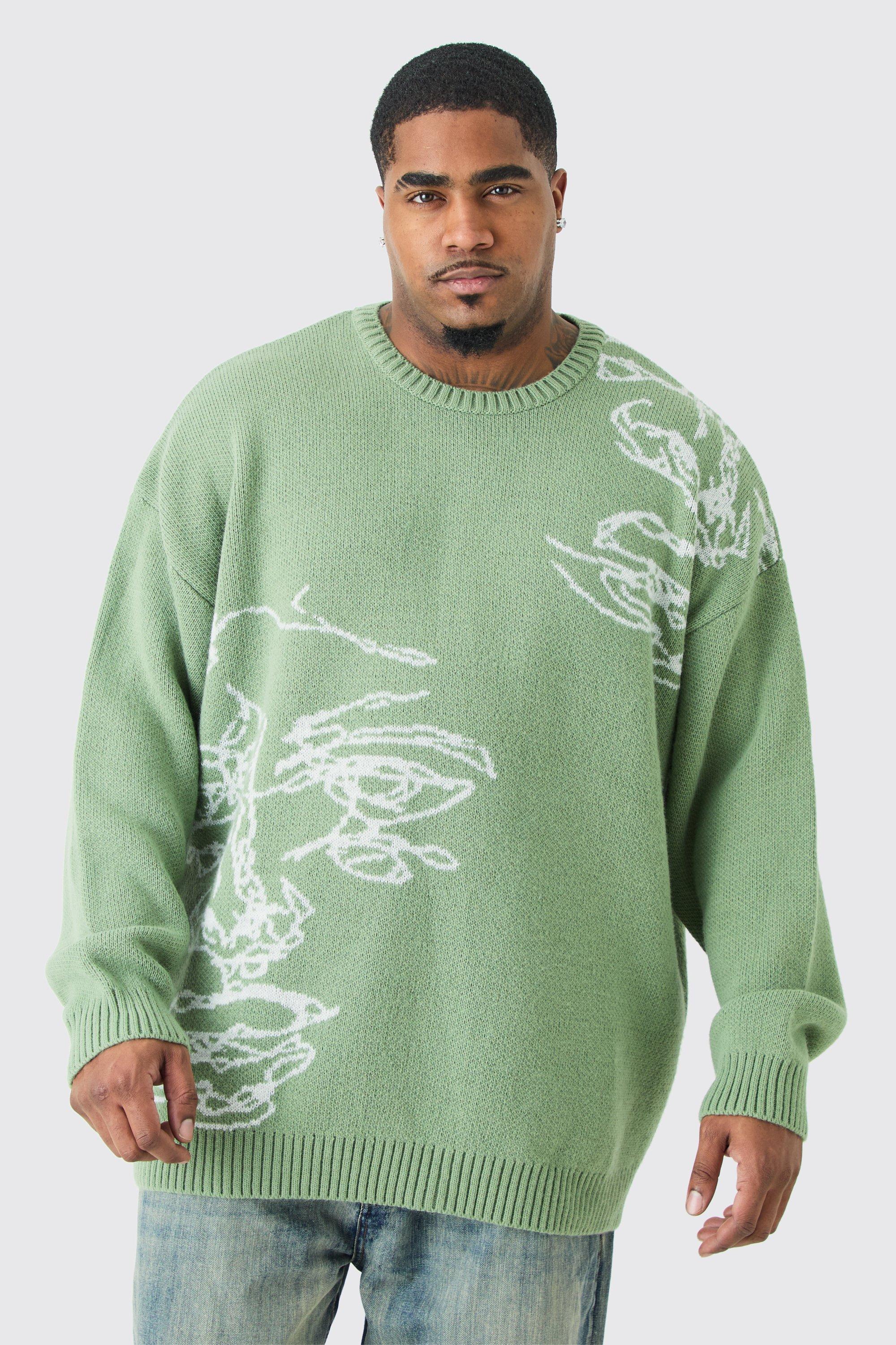 Image of Maglione Plus Size oversize in maglia con spalle scese e disegno a linee, Verde