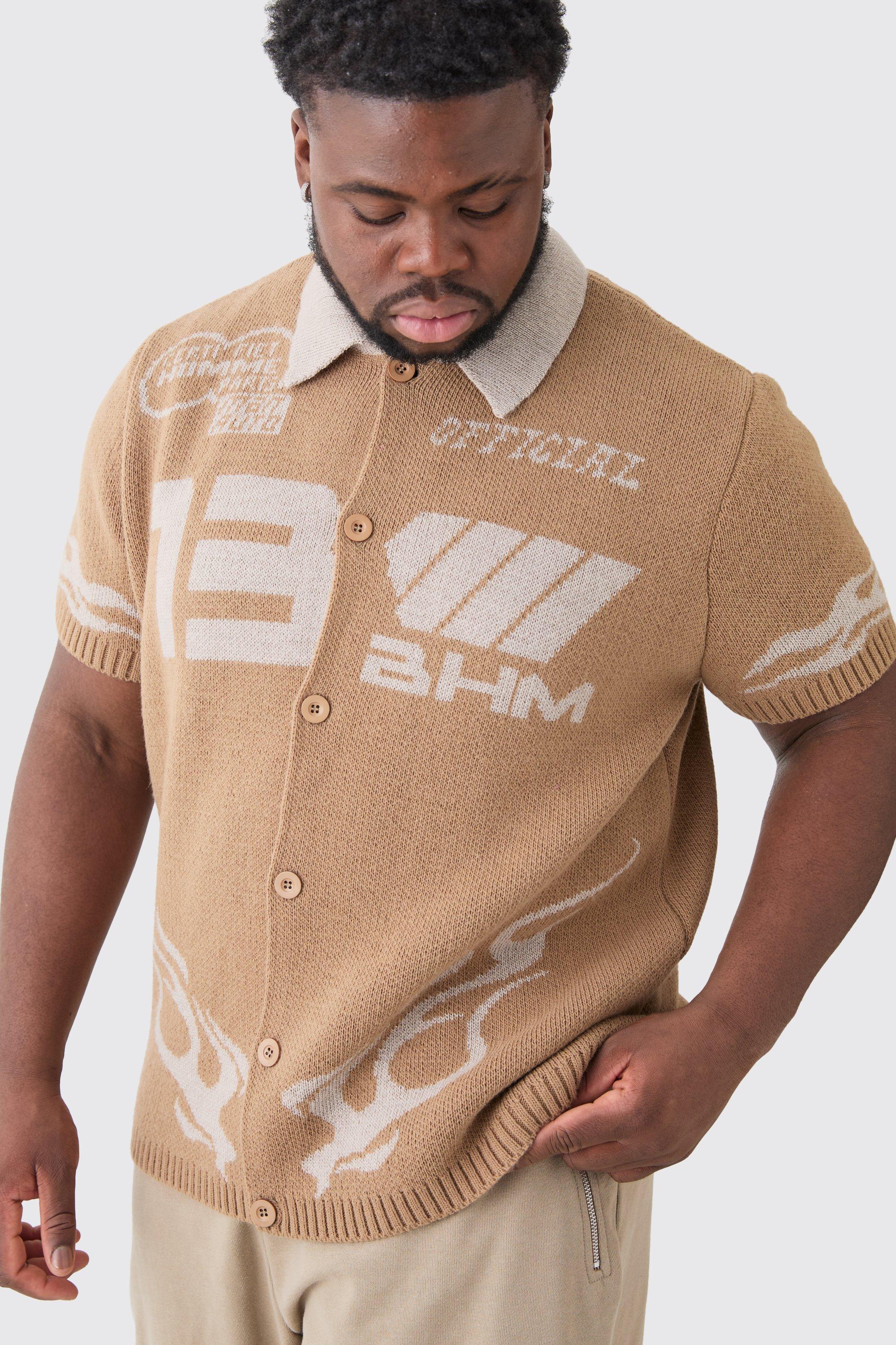 Mens Beige Plus Knitted Moto Shirt In Taupe, Beige