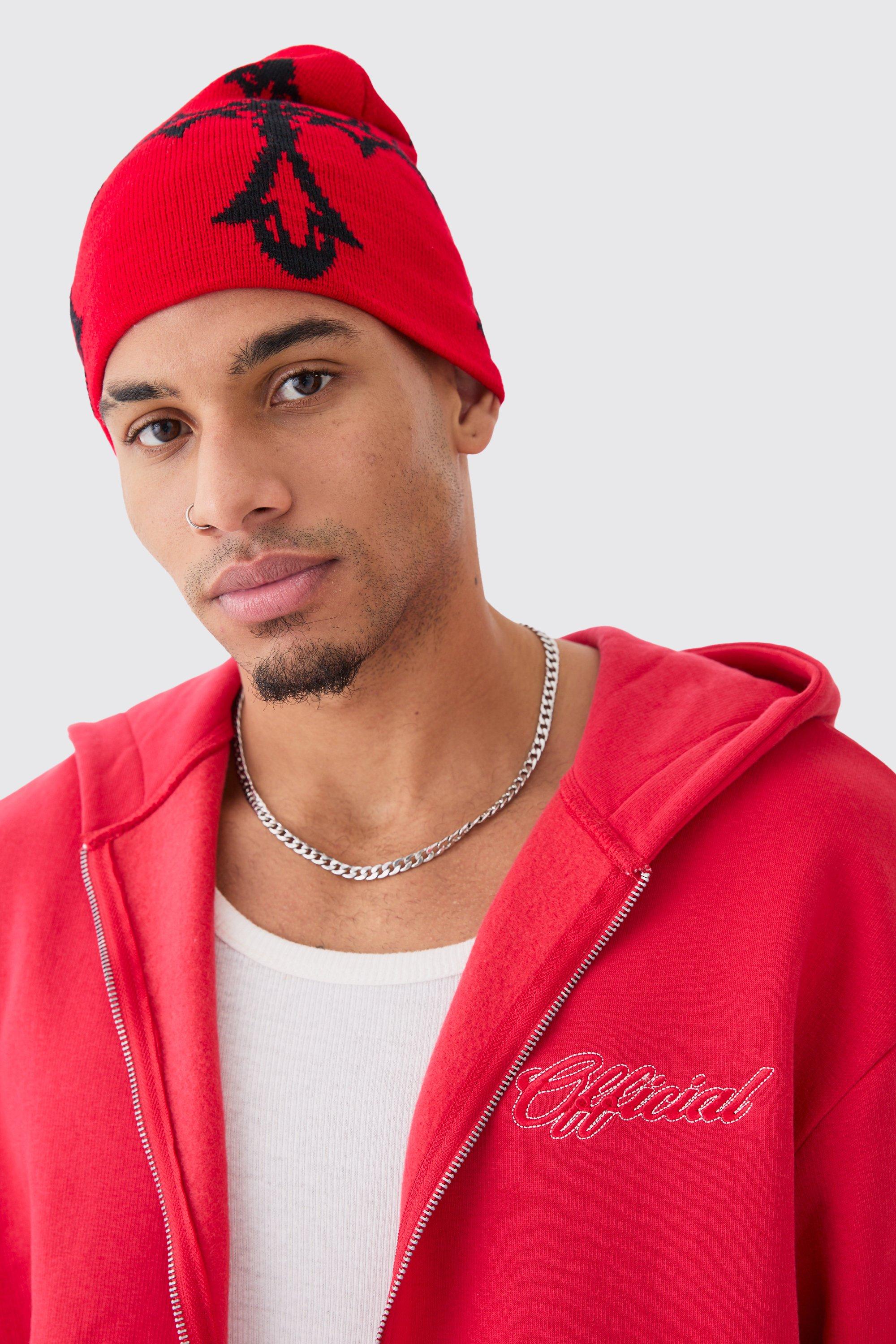 Mens Red Gothic Cross Graphic Beanie, Red