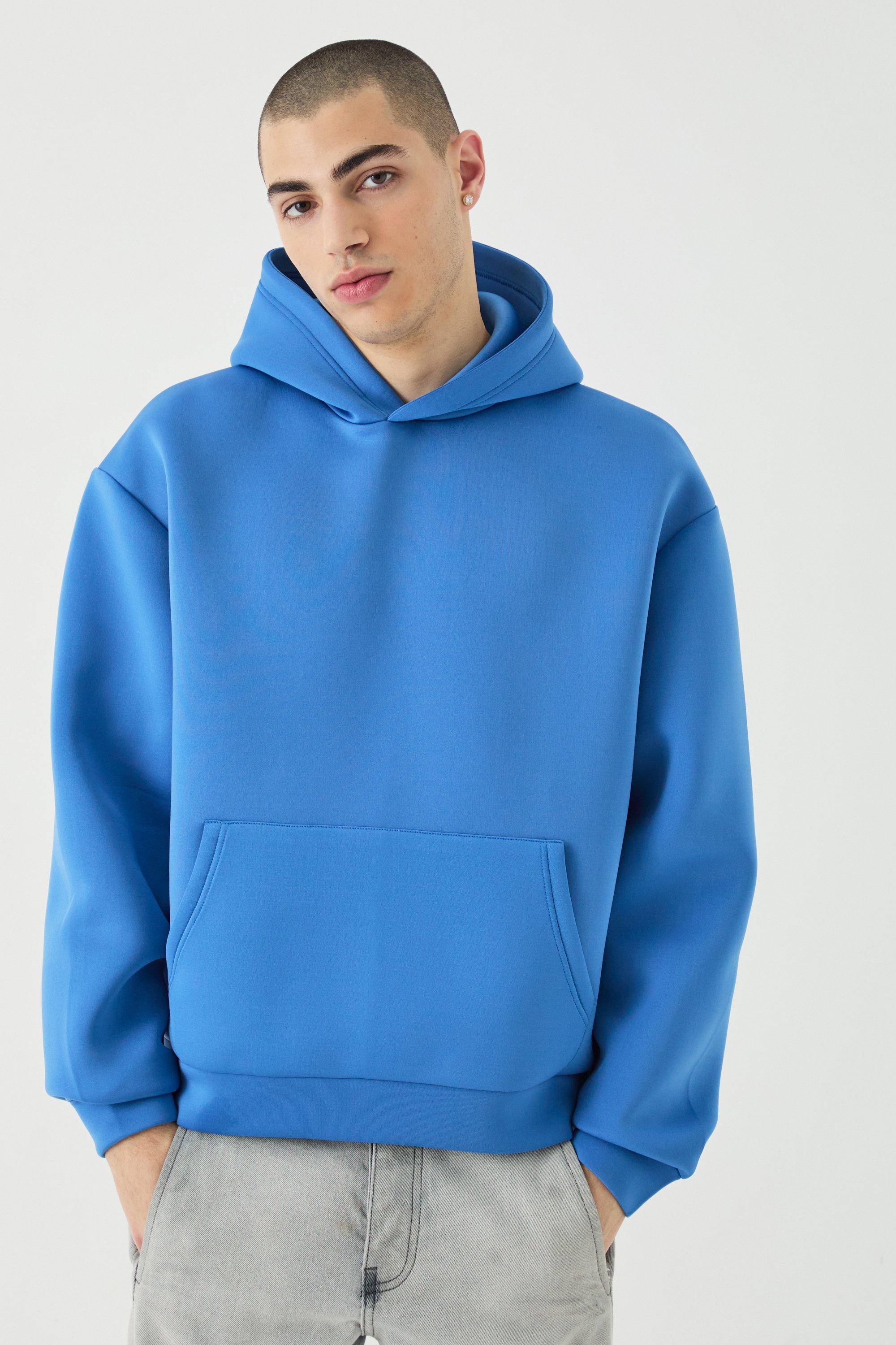 Mens Blue Oversized Boxy Bonded Scuba Hoodie, Blue