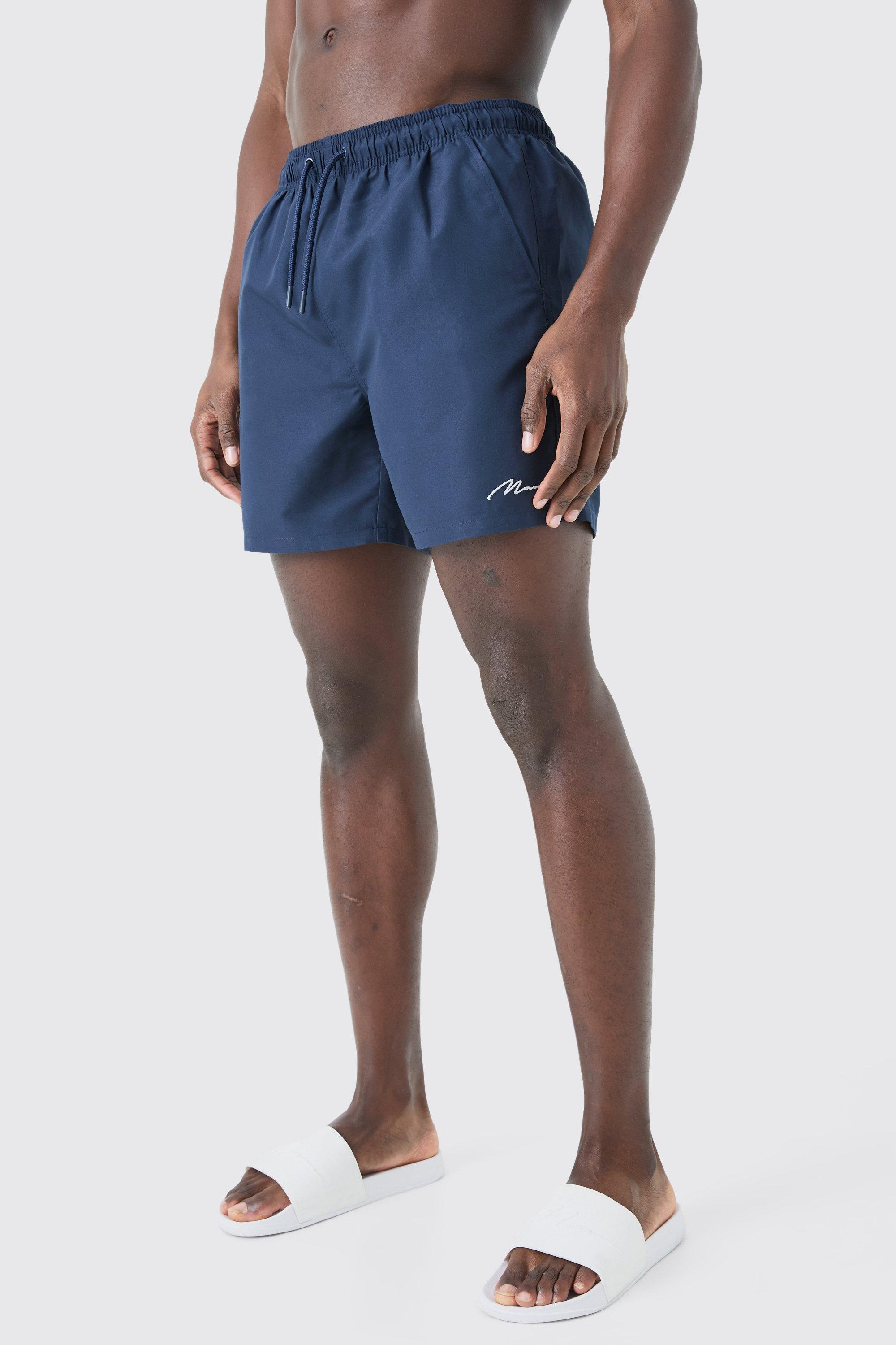 Mens Navy Man Signature Mid Length Swim Short, Navy