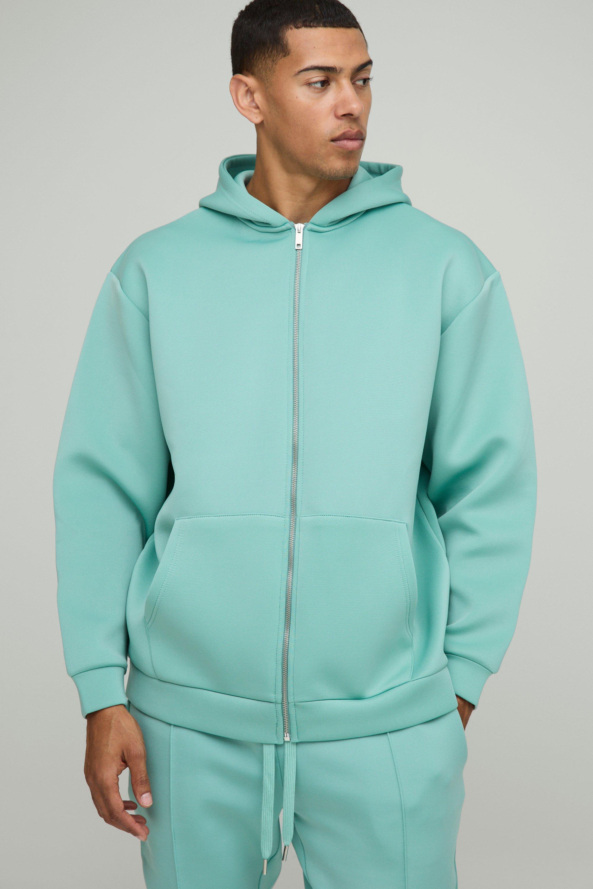 Mens Green Oversized Zip Through Bonded Scuba Hoodie, Green