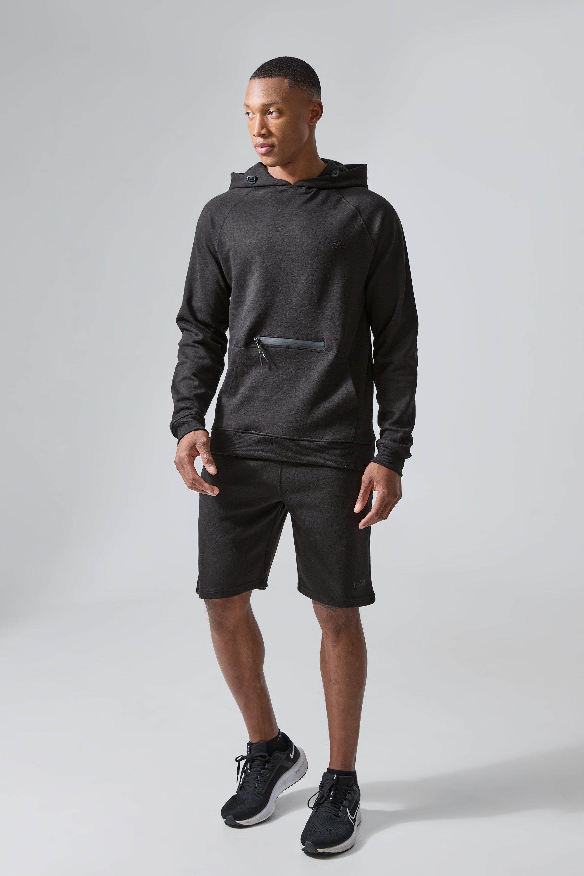 Mens Black Man Active Tech Hoodie And Shorts Set, Black