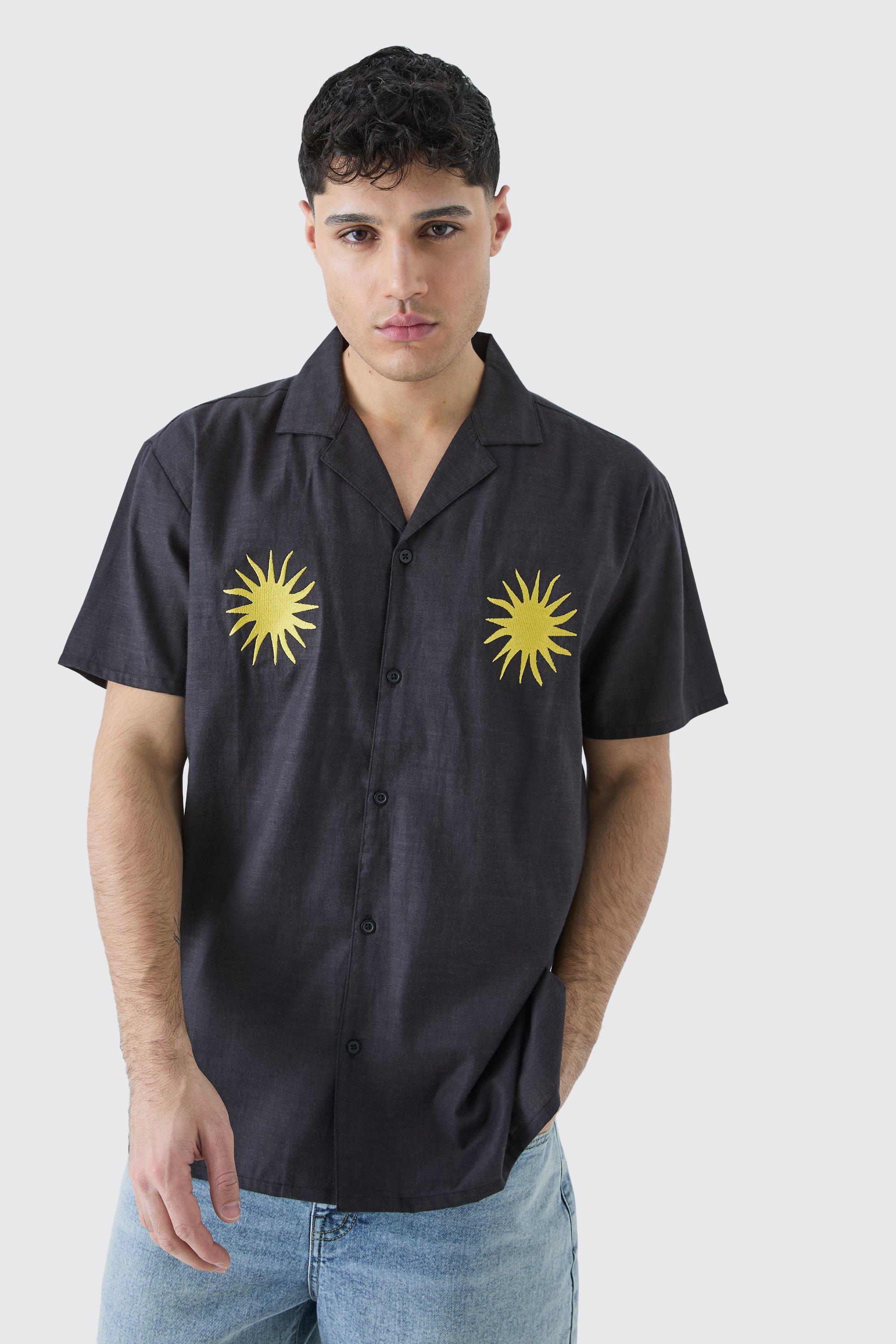 Image of Camicia oversize effetto lino con ricamo di sole, Nero