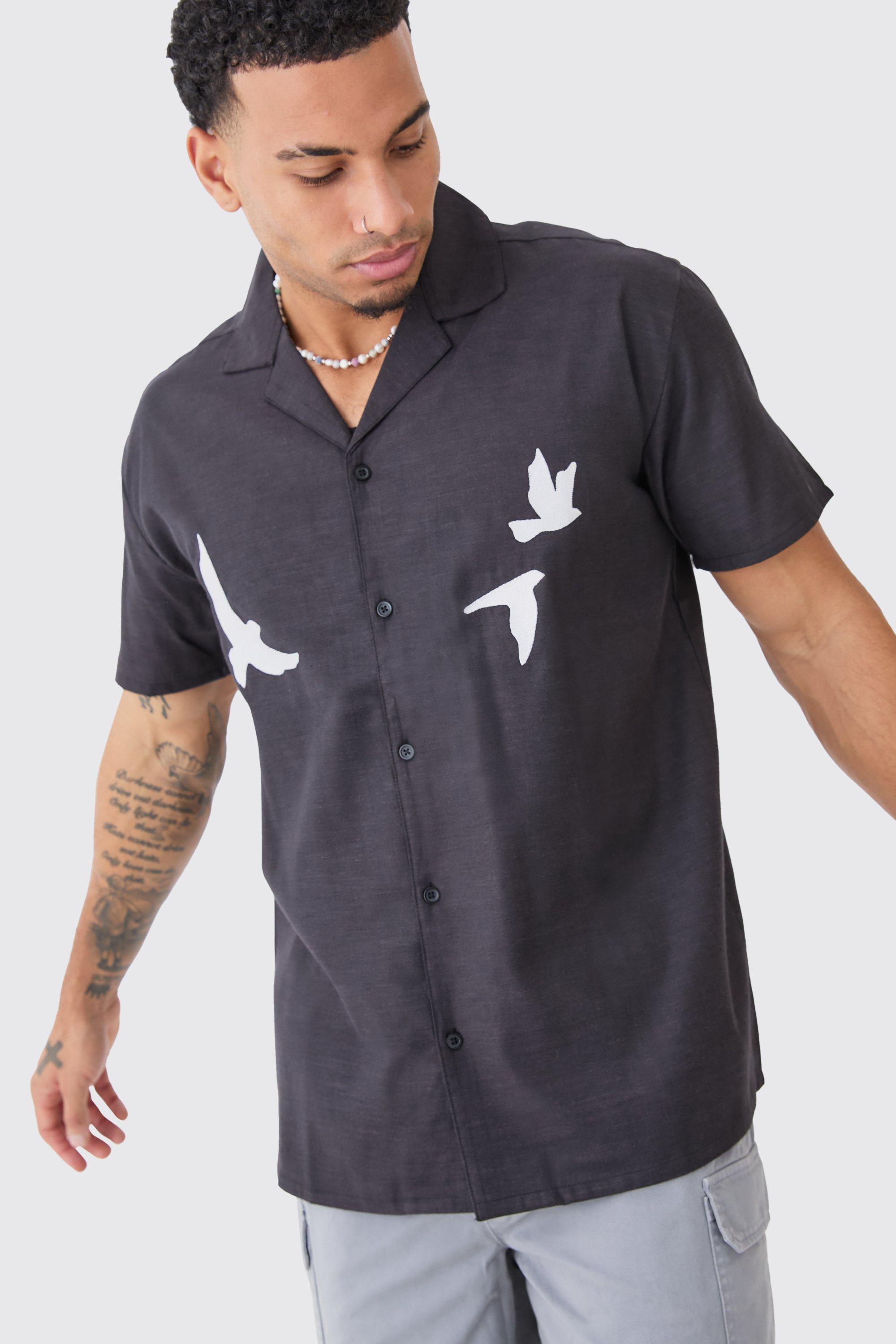 Mens Black Oversized Linen Look Dove Embroidered Shirt, Black