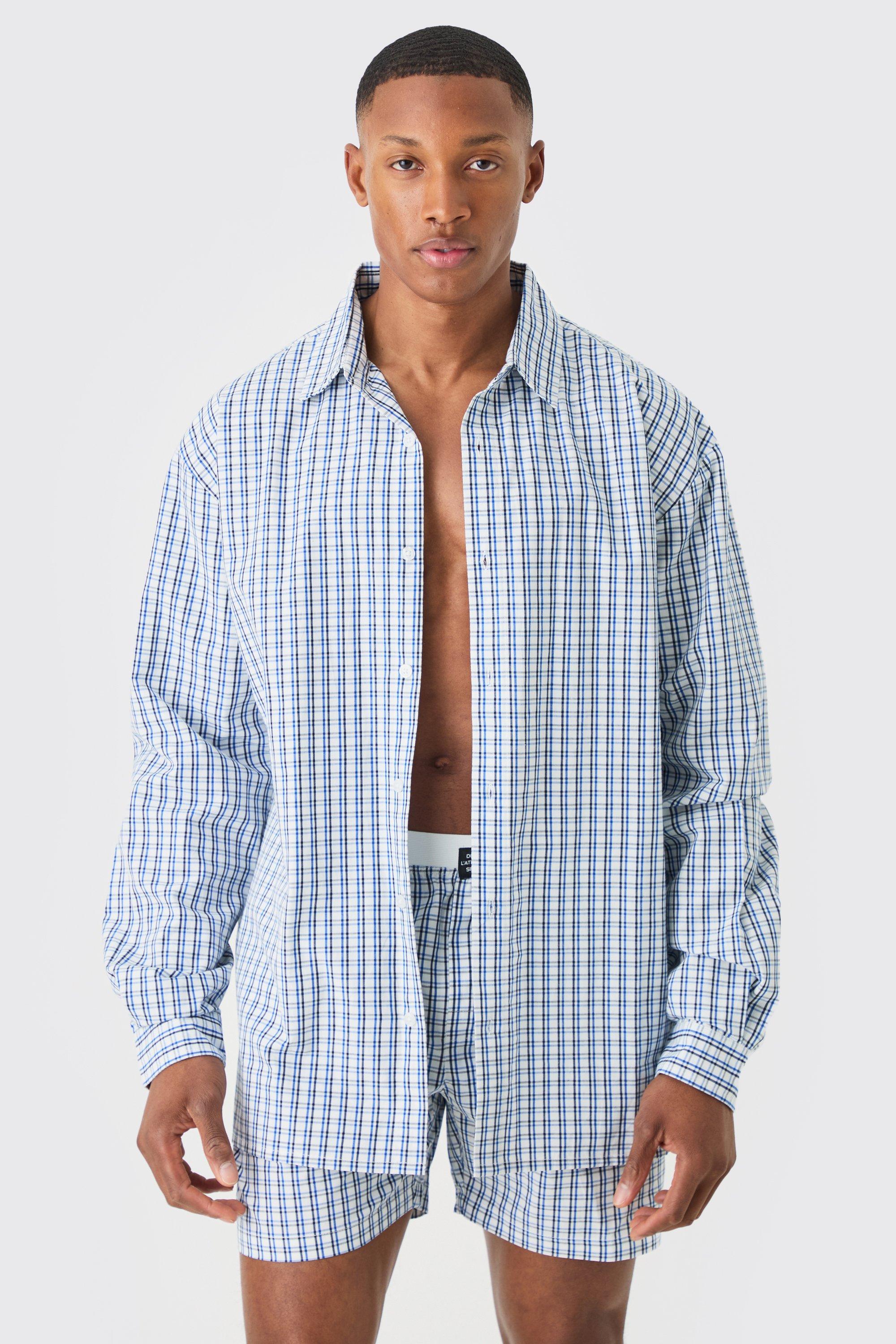 Image of Camicia oversize a maniche lunghe a righe con etichetta, Azzurro