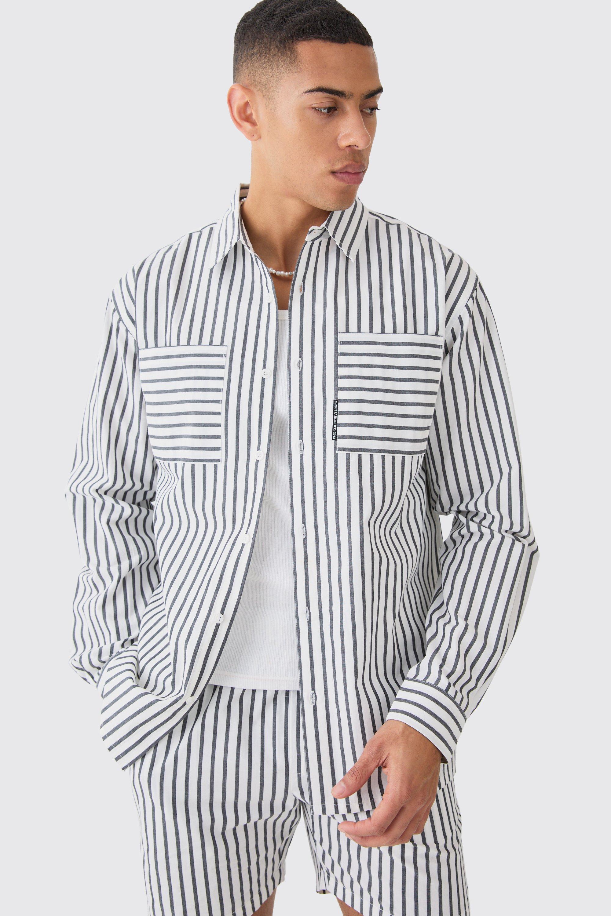 Mens Grey Long Sleeve Oversized Tab Stripe Shirt, Grey