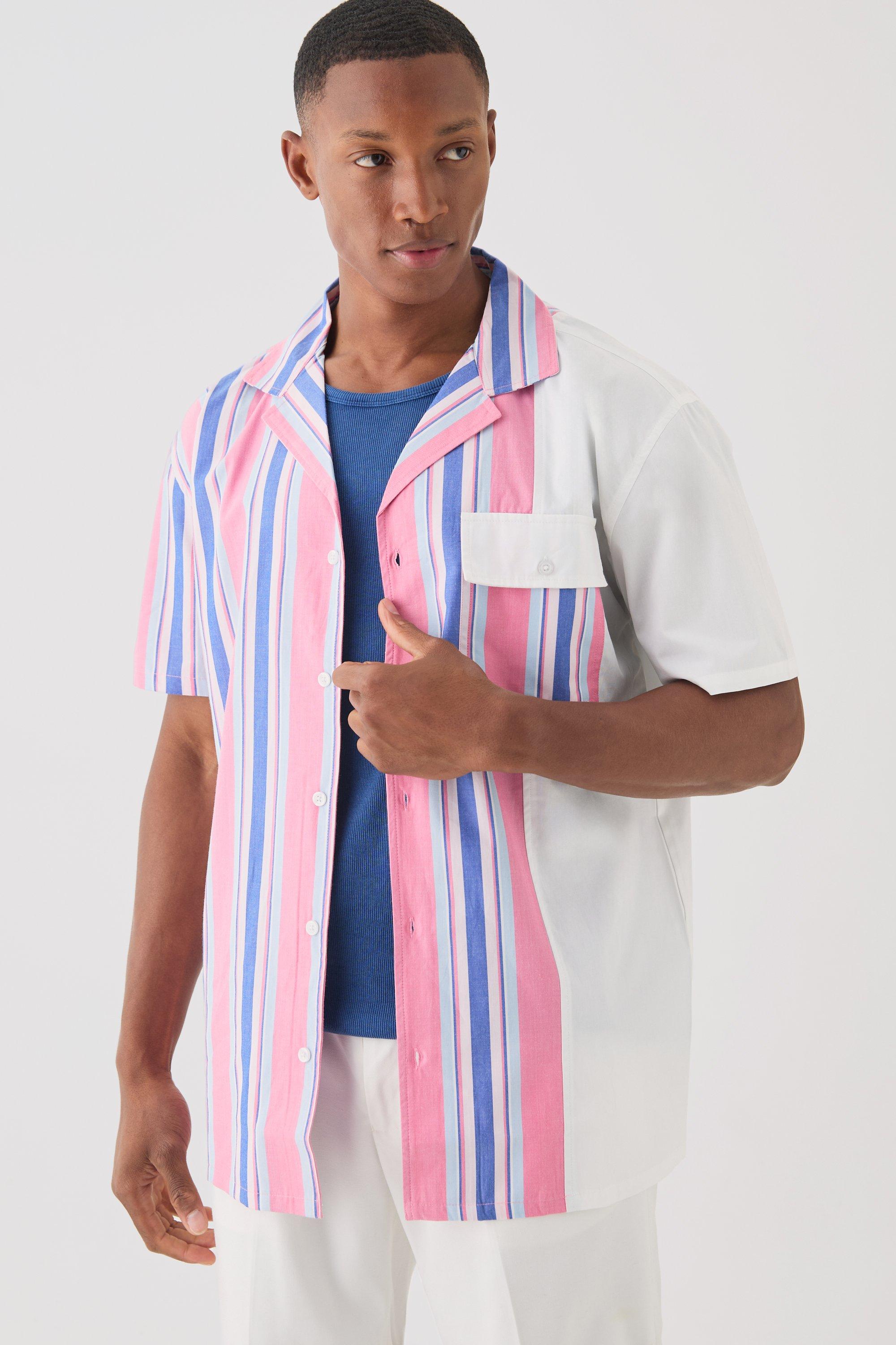 Mens Pink Short Sleeve Spliced Stripe Shirt, Pink