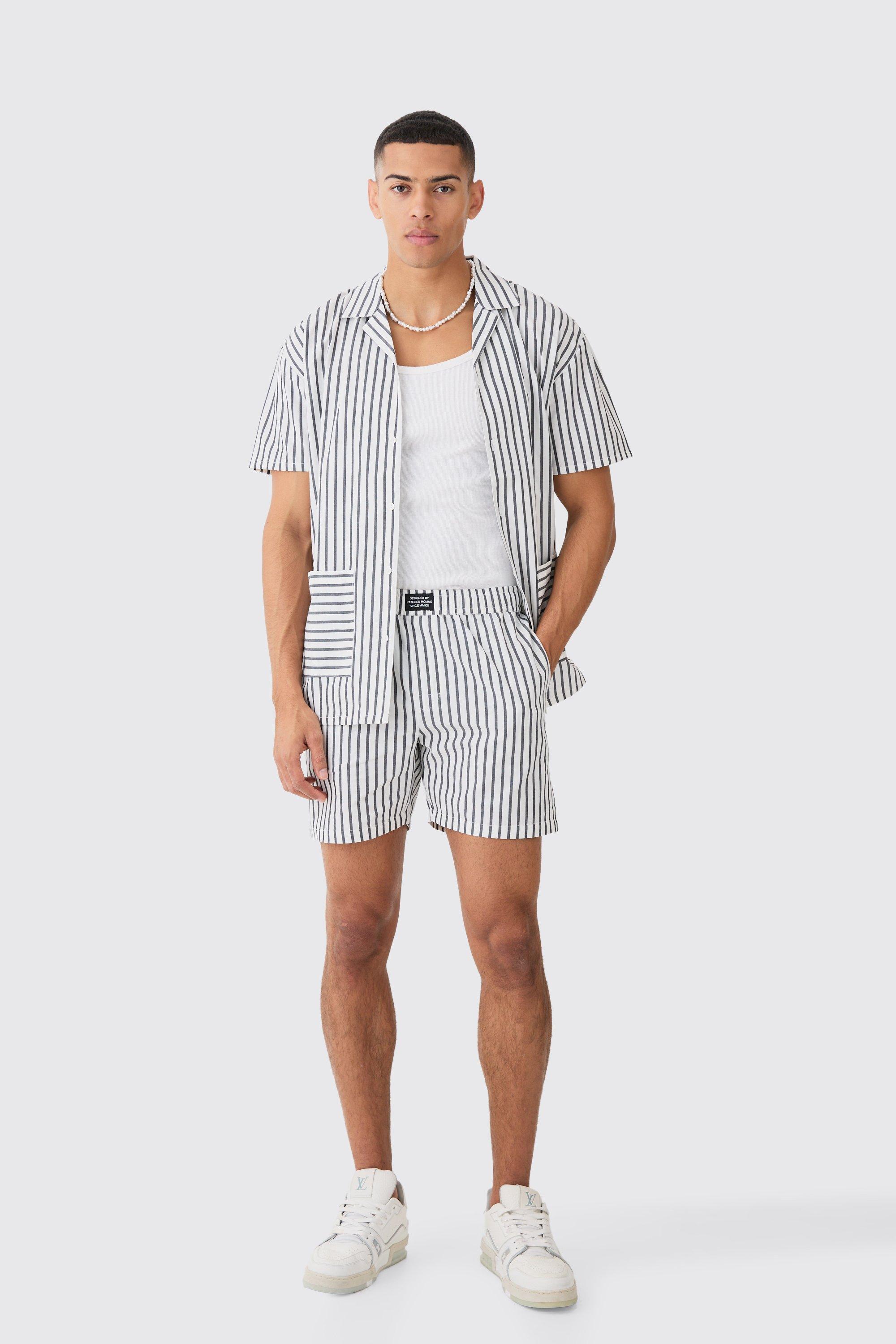 Mens Grey Short Sleeve Oversized Stripe Hem Pocket Shirt, Grey
