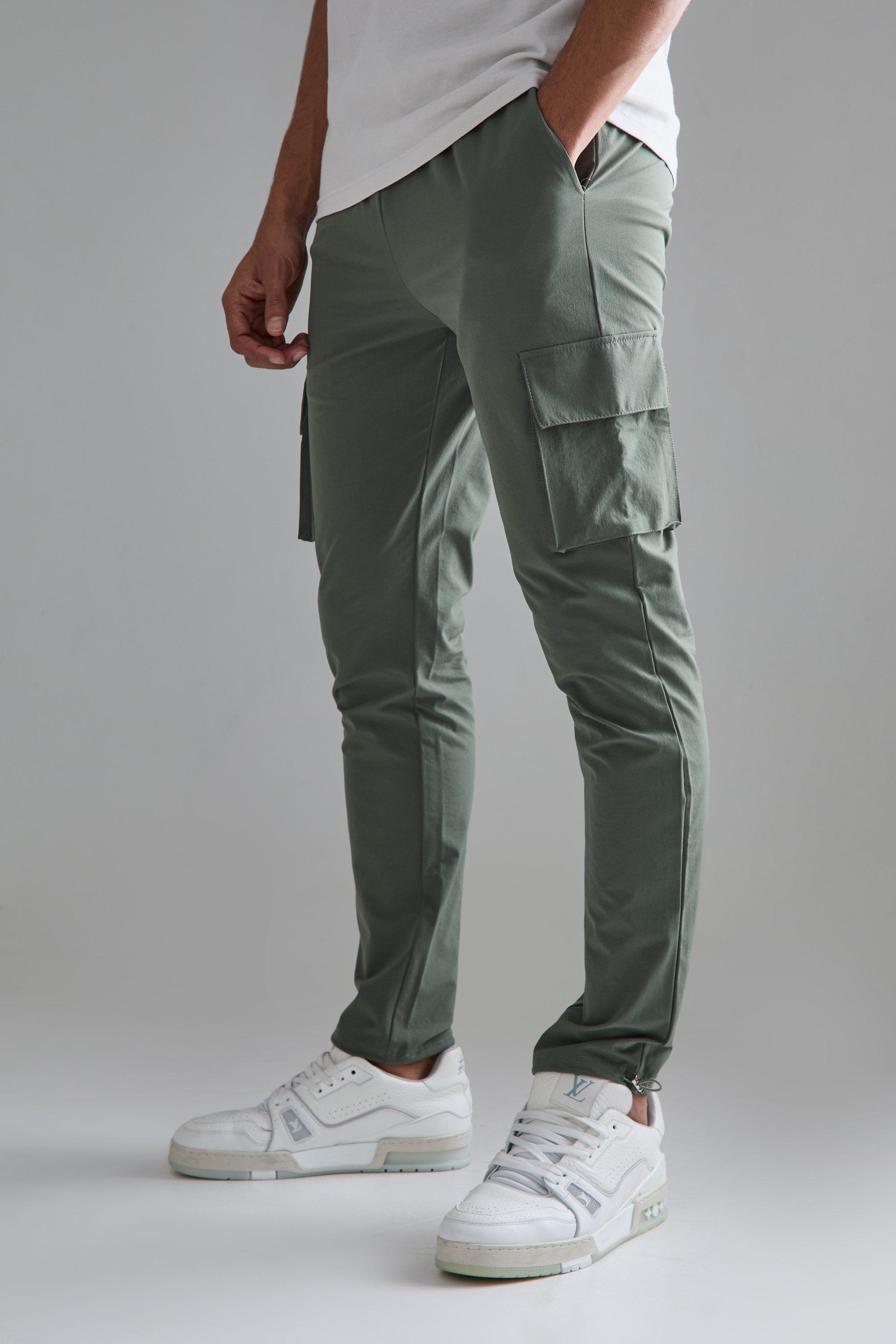 Mens Green Elastic Lightweight Technical Stretch Skinny Cargo Trouser, Green
