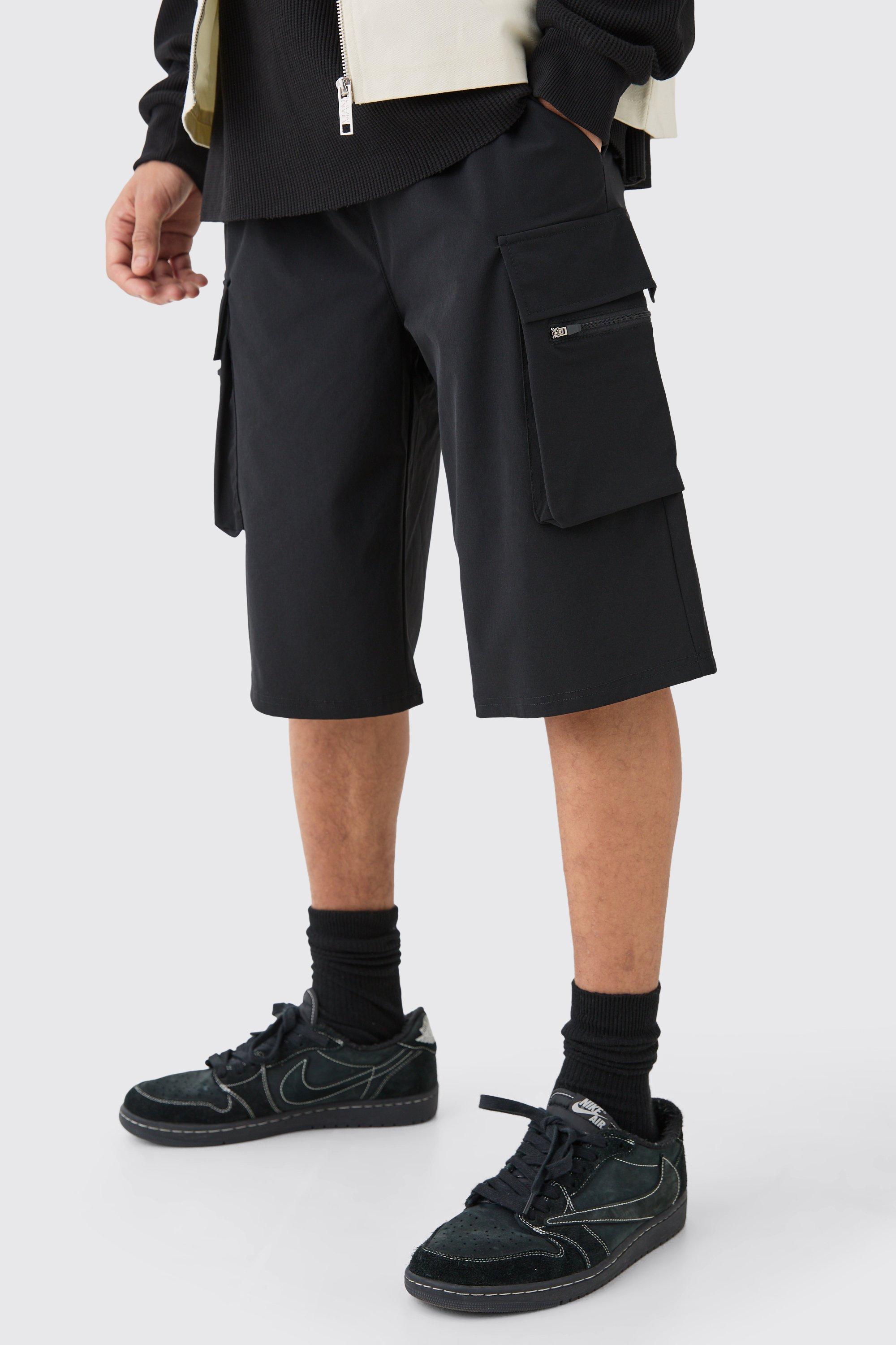 Mens Black Elasticated Relaxed Lightweight Stretch Cargo Short, Black