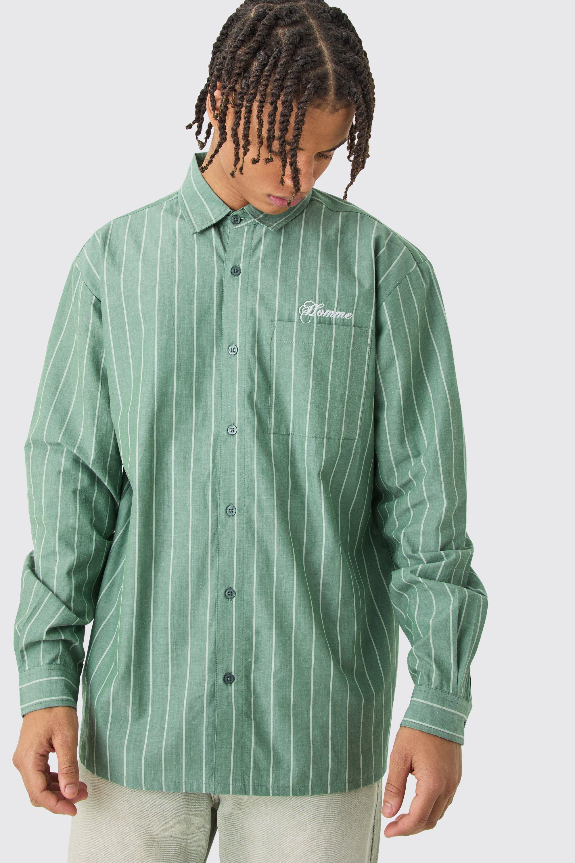 Image of Camicia oversize a maniche lunghe a righe con ricami, Verde