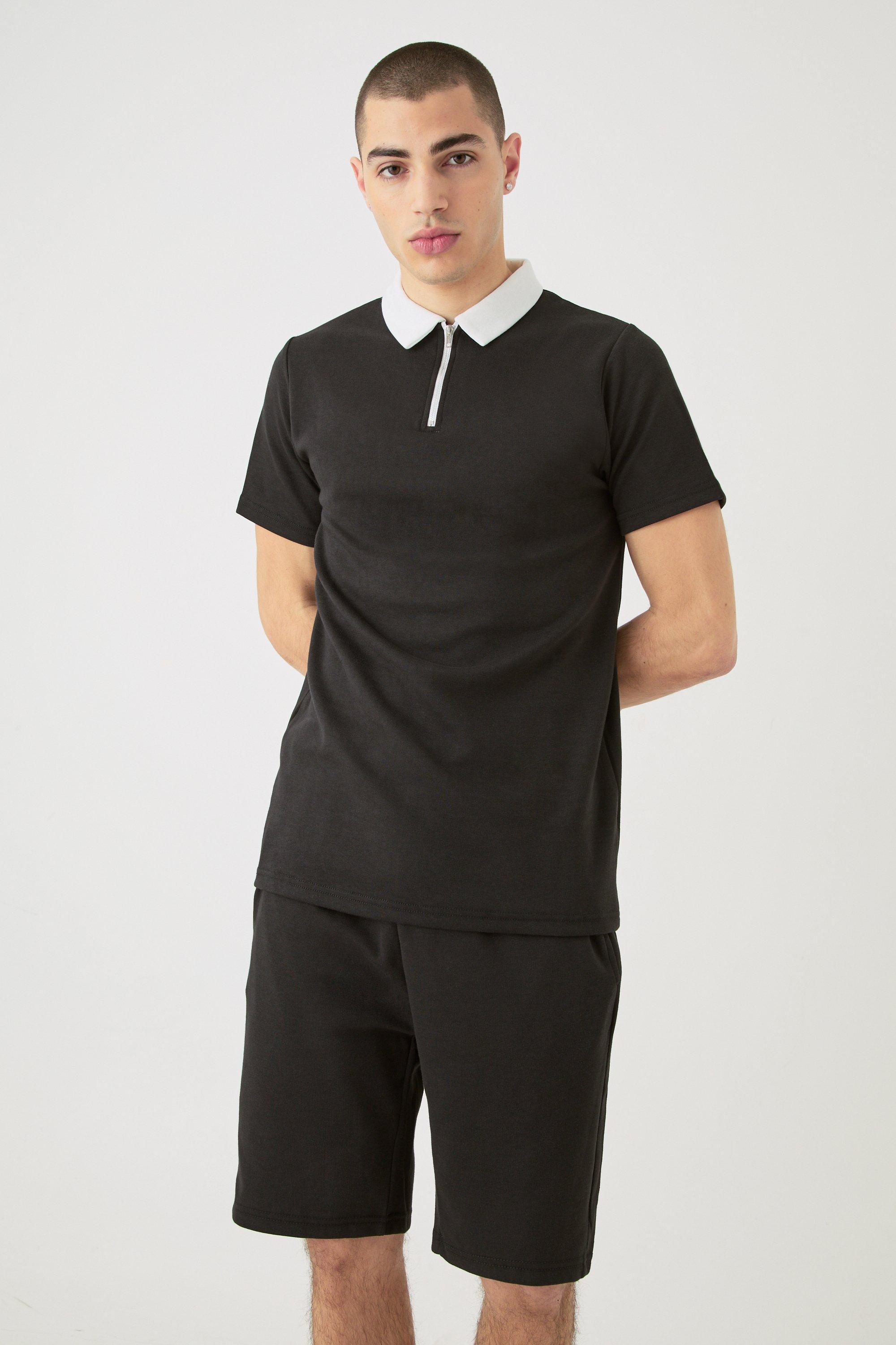 Image of Slim Fit 1/4 Zip Polo And Short Set, Nero