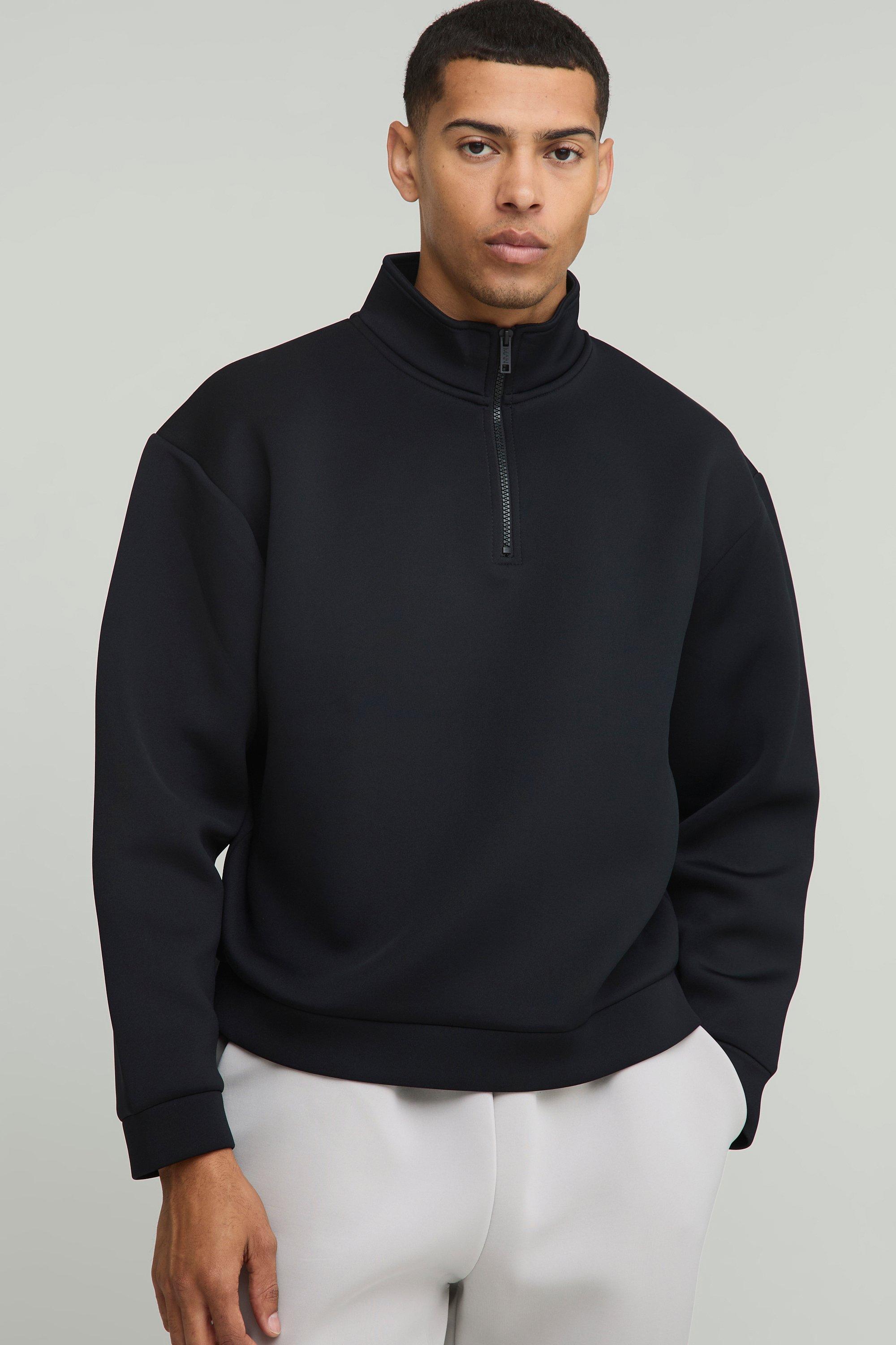 Mens Black Oversized Boxy Quarter Zip Bonded Scuba jumper, Black