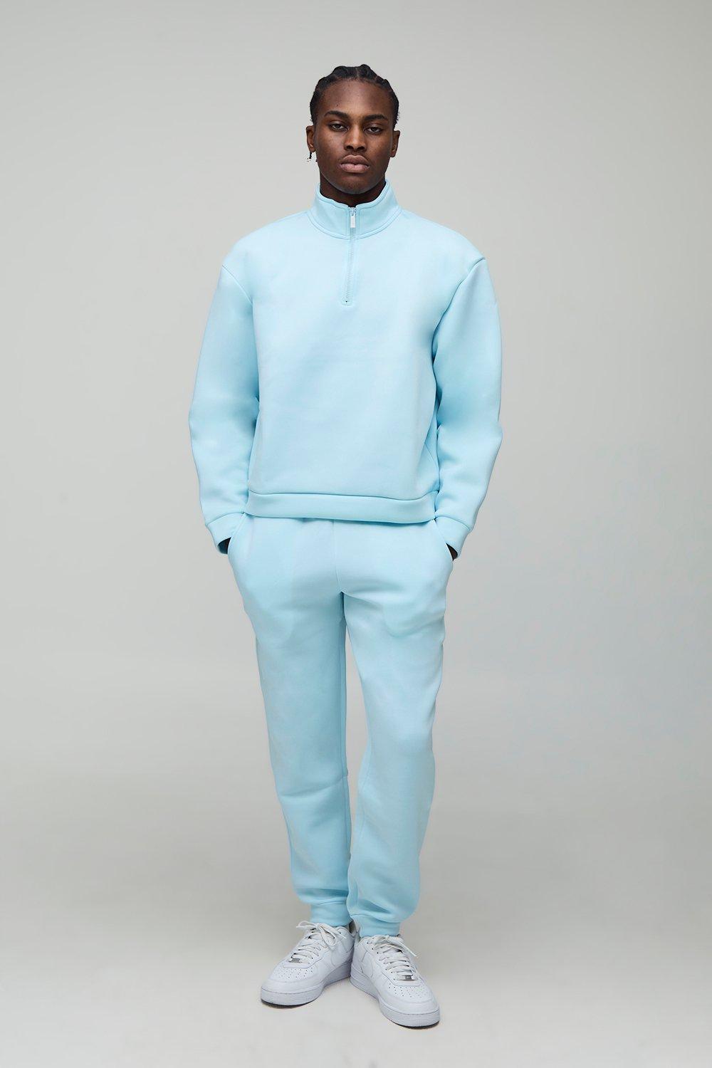 Mens Blue Oversized Boxy Quarter Zip Bonded Scuba Tracksuit, Blue