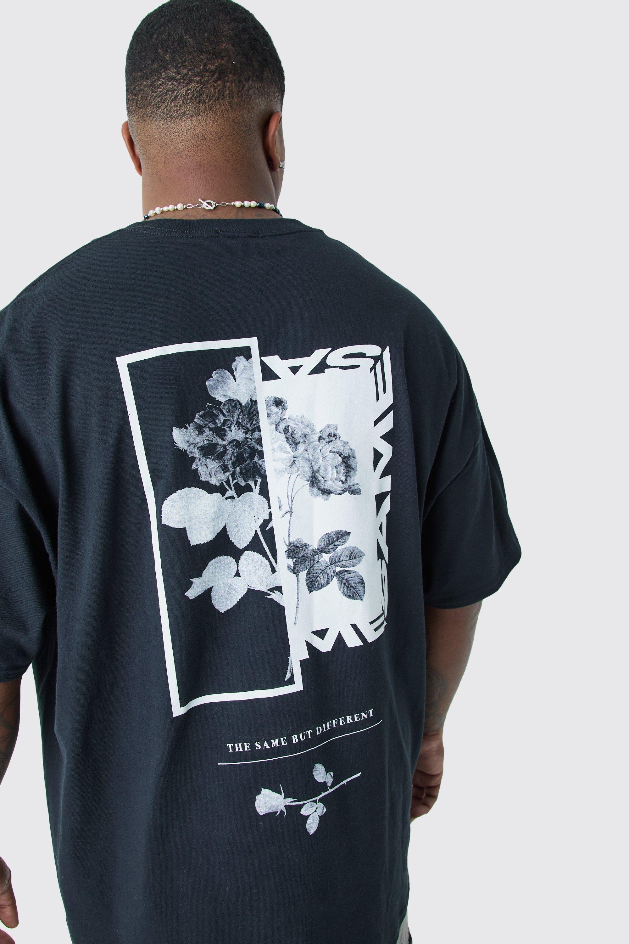 Image of T-shirt Plus Size oversize a fiori con stampa di foto sul retro, Nero