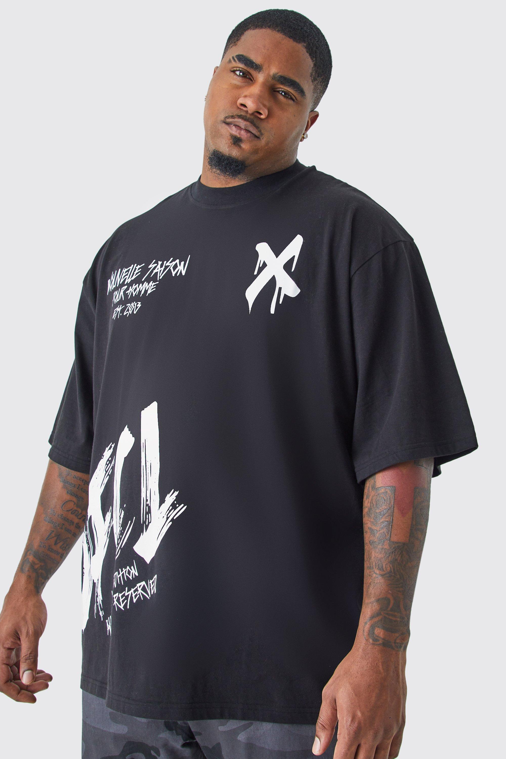 Image of T-shirt Plus Size oversize stile Graffiti con girocollo esteso, Nero