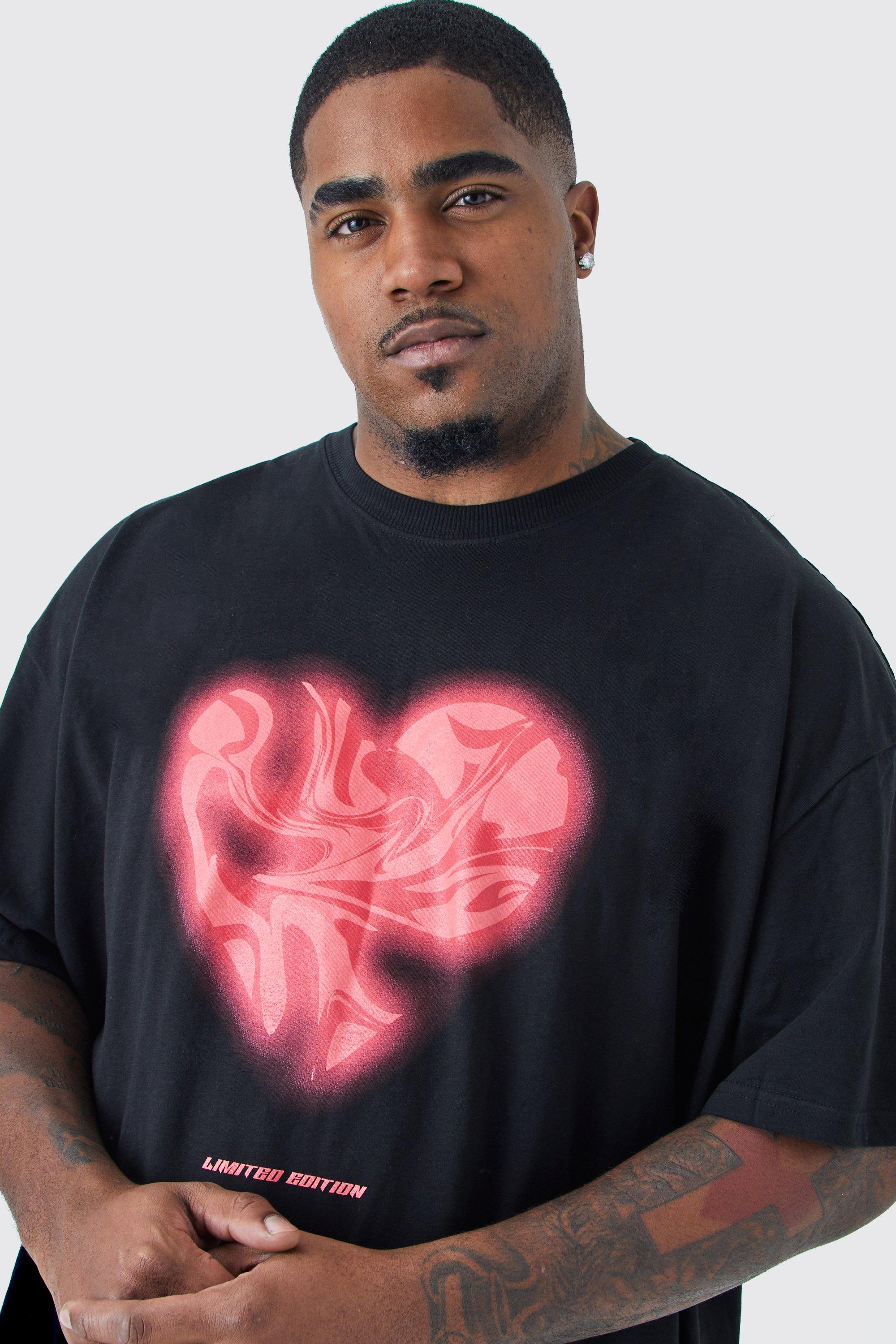 Mens Black Plus Oversized Marble Heart Graphic T-shirt, Black
