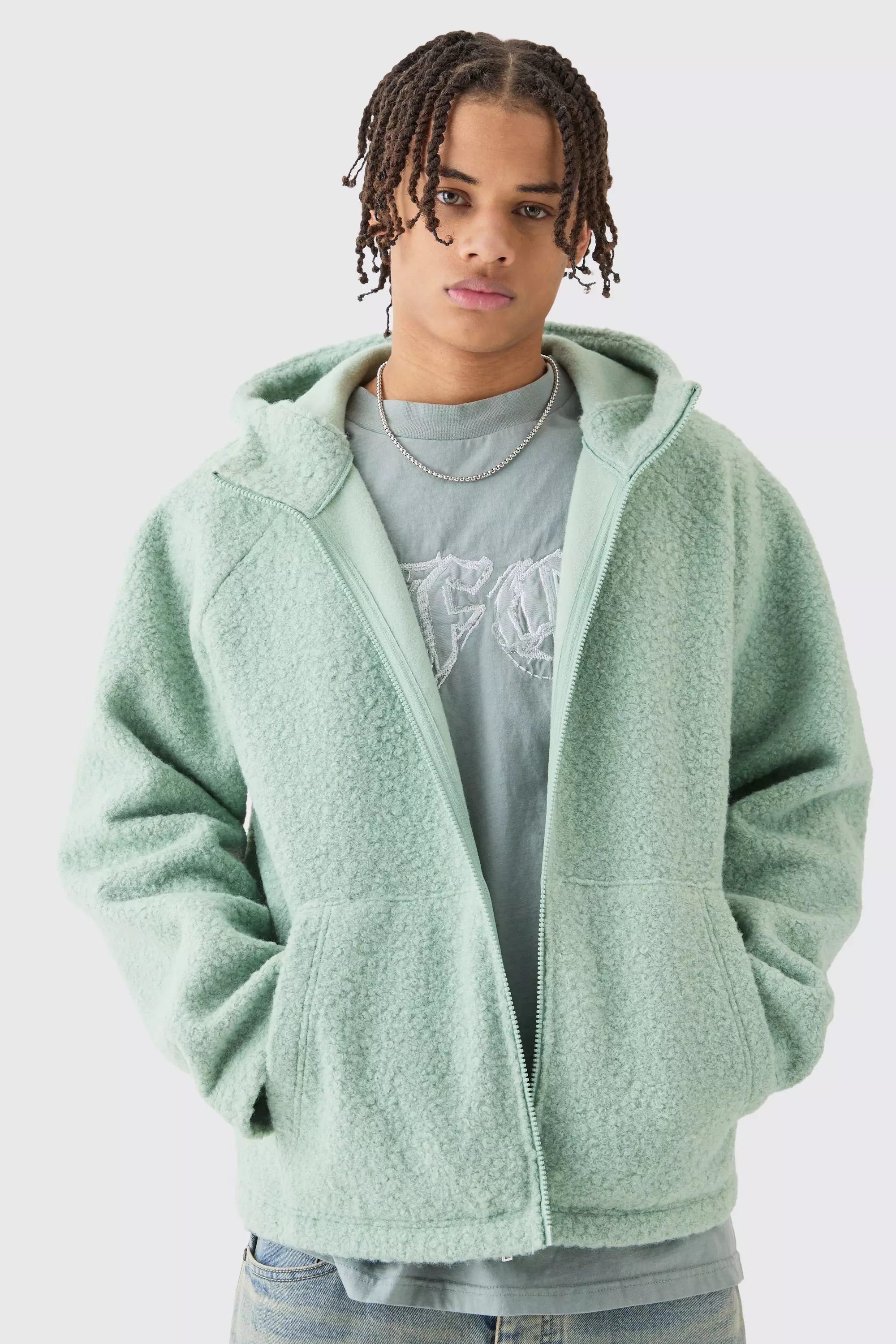 Oversized Boxy Boucle Borg Zip Thru Hoodie