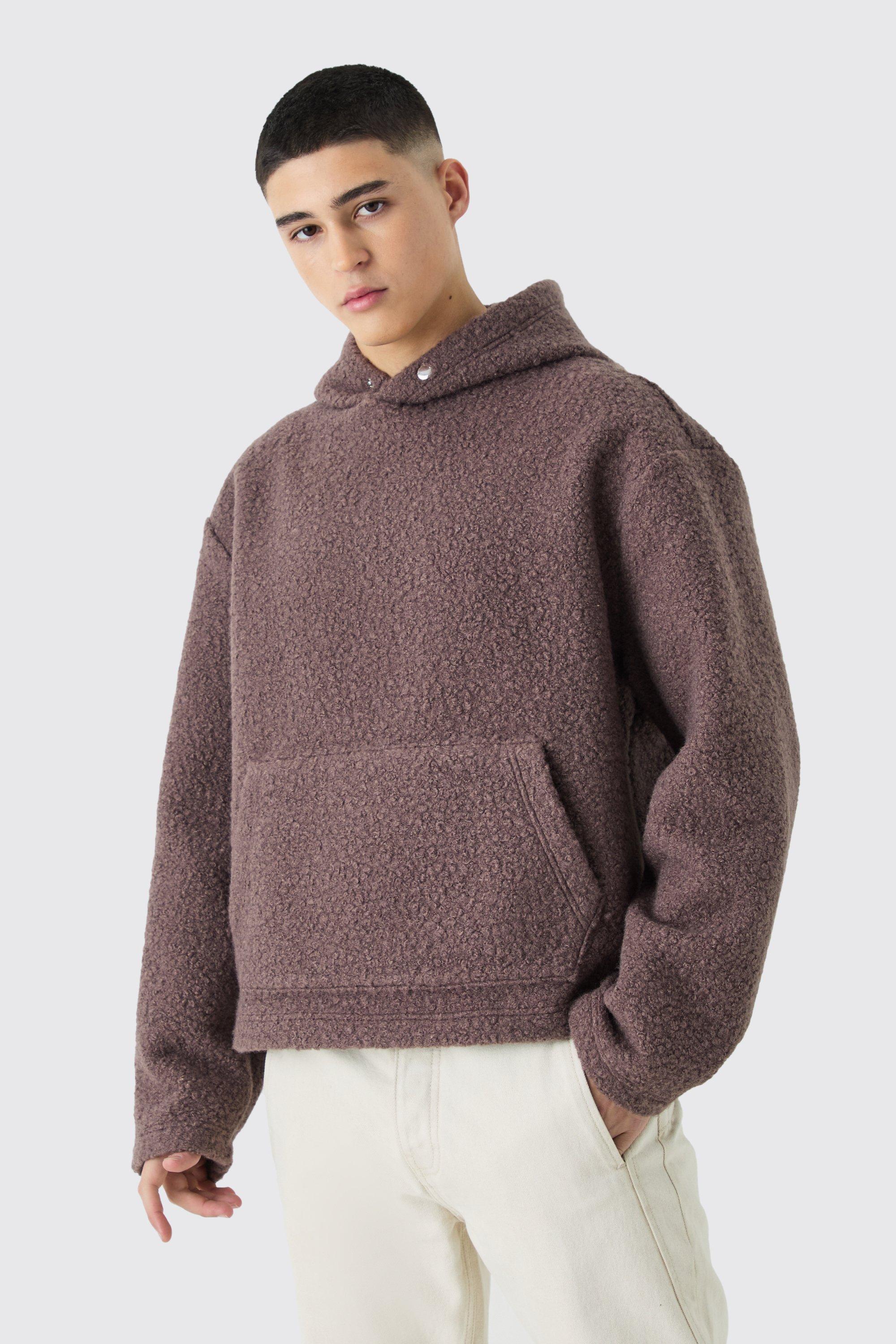 Mens Brown Oversized Boxy Boucle Borg Hoodie, Brown