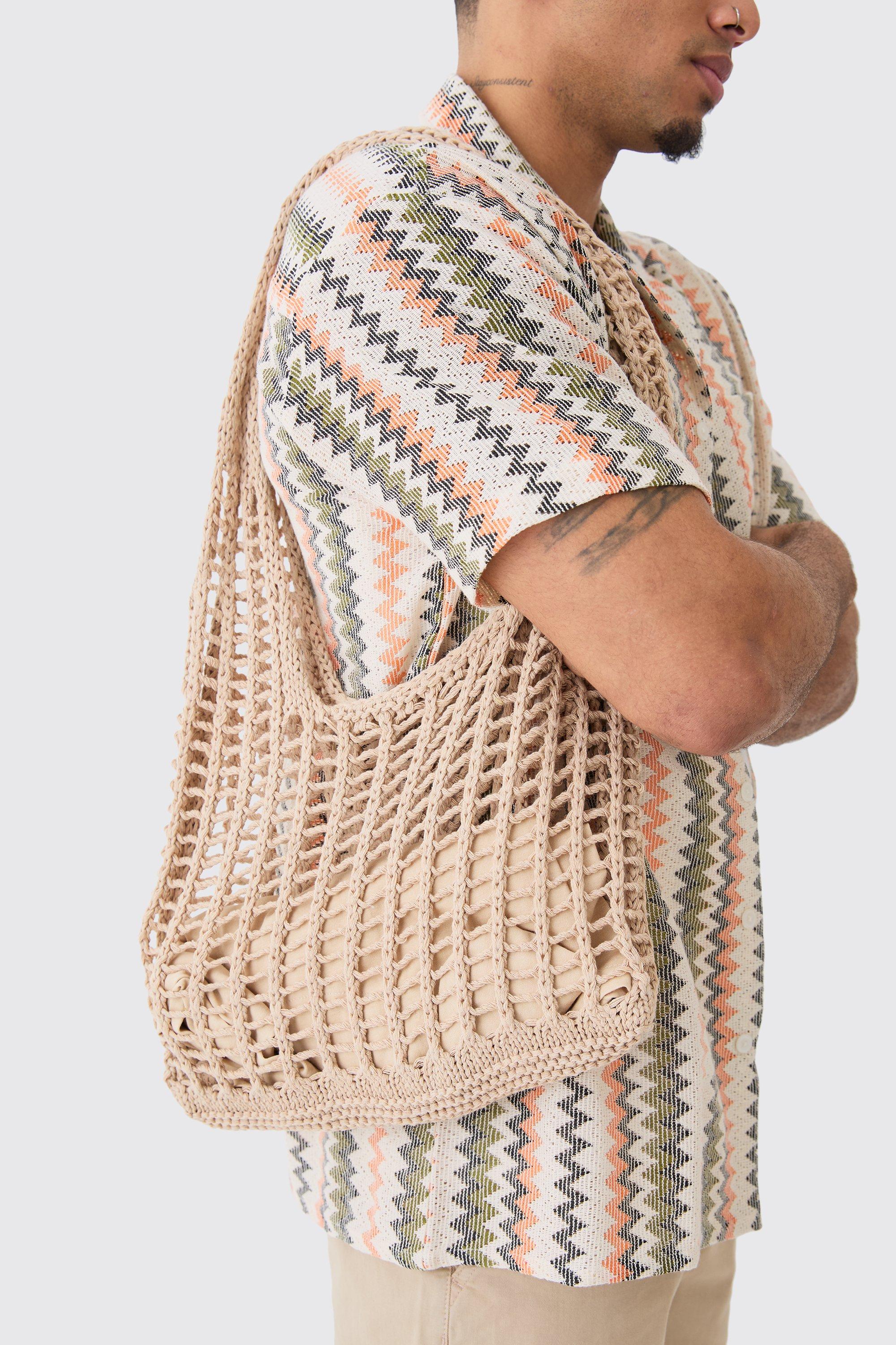 Mens Beige Open Knit Tote Bag, Beige