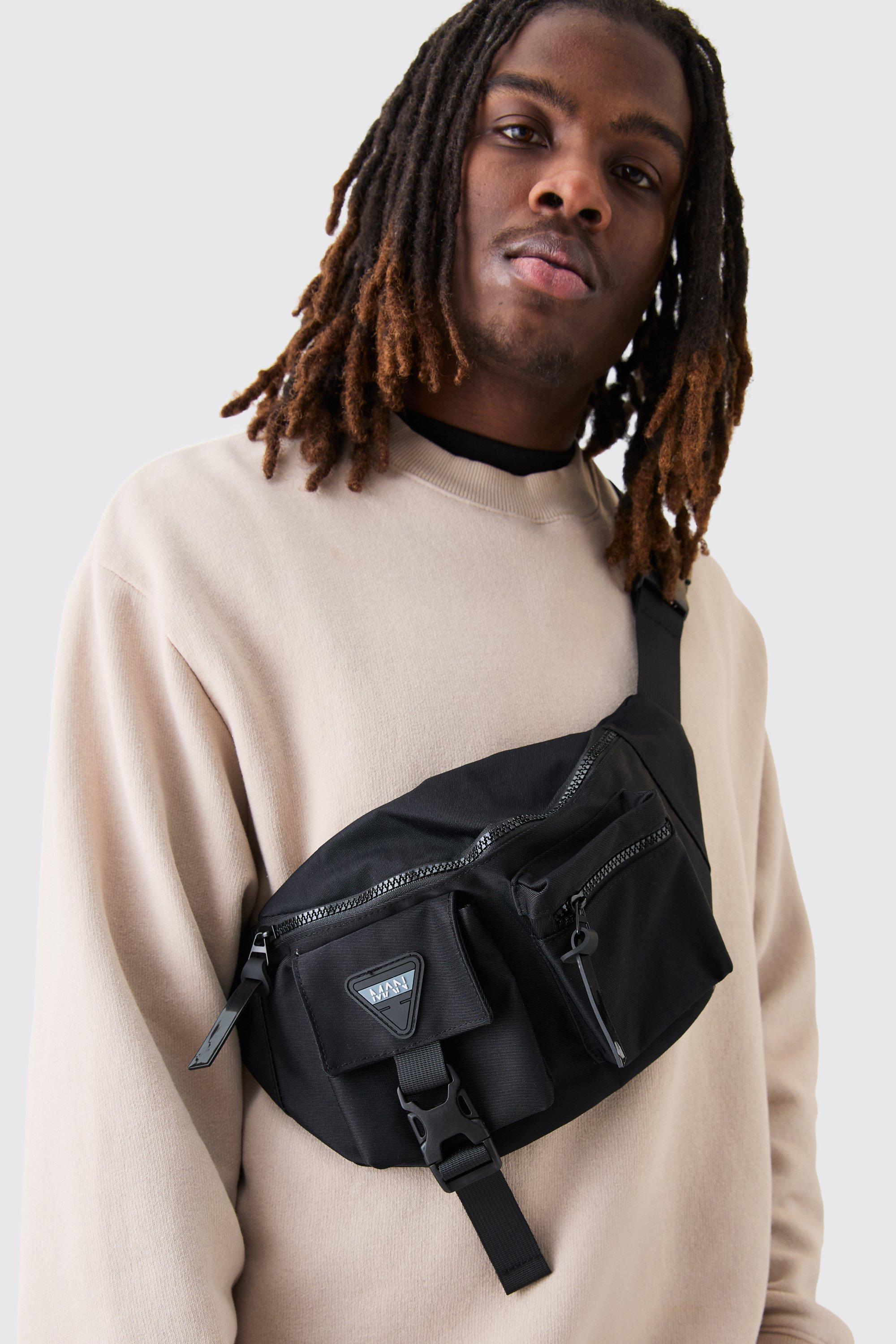 Mens Black Man Badge Nylon Bum Bag, Black