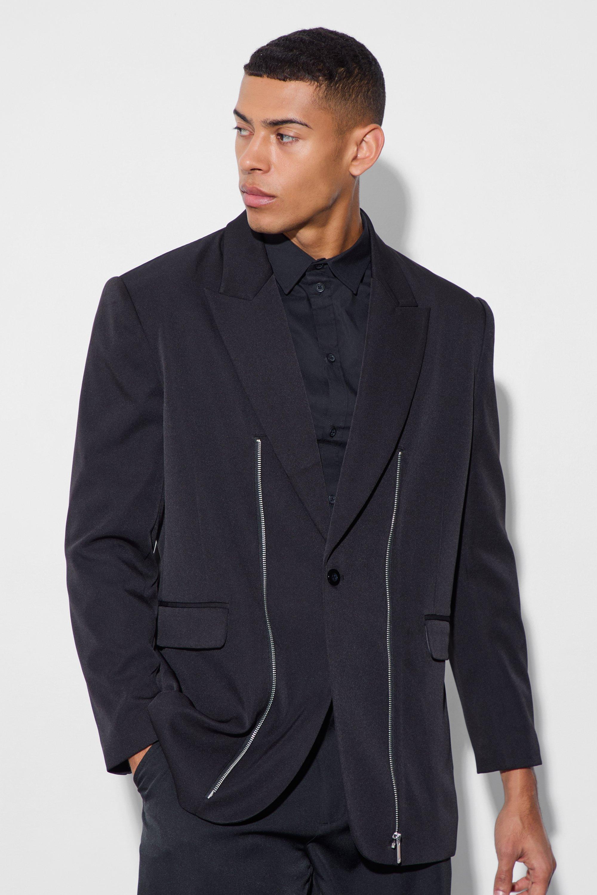 mens black zip front detail blazer, black