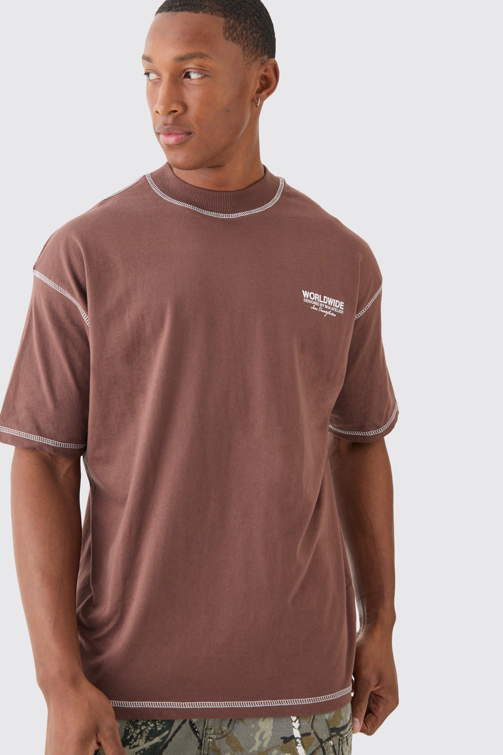 Image of T-shirt oversize Worldwide con cuciture a contrasto, Brown