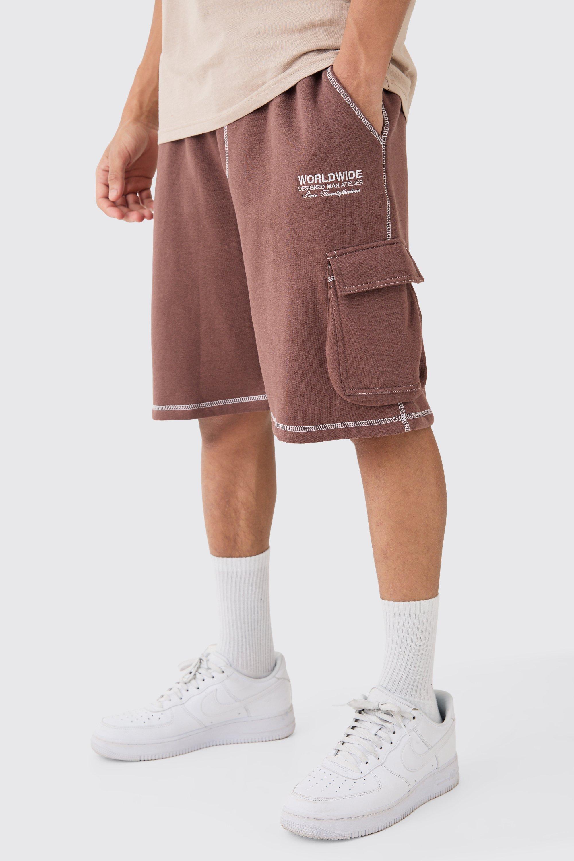 Image of Relaxed Worlwide Contrast Stitch Cargo Shorts, Brown