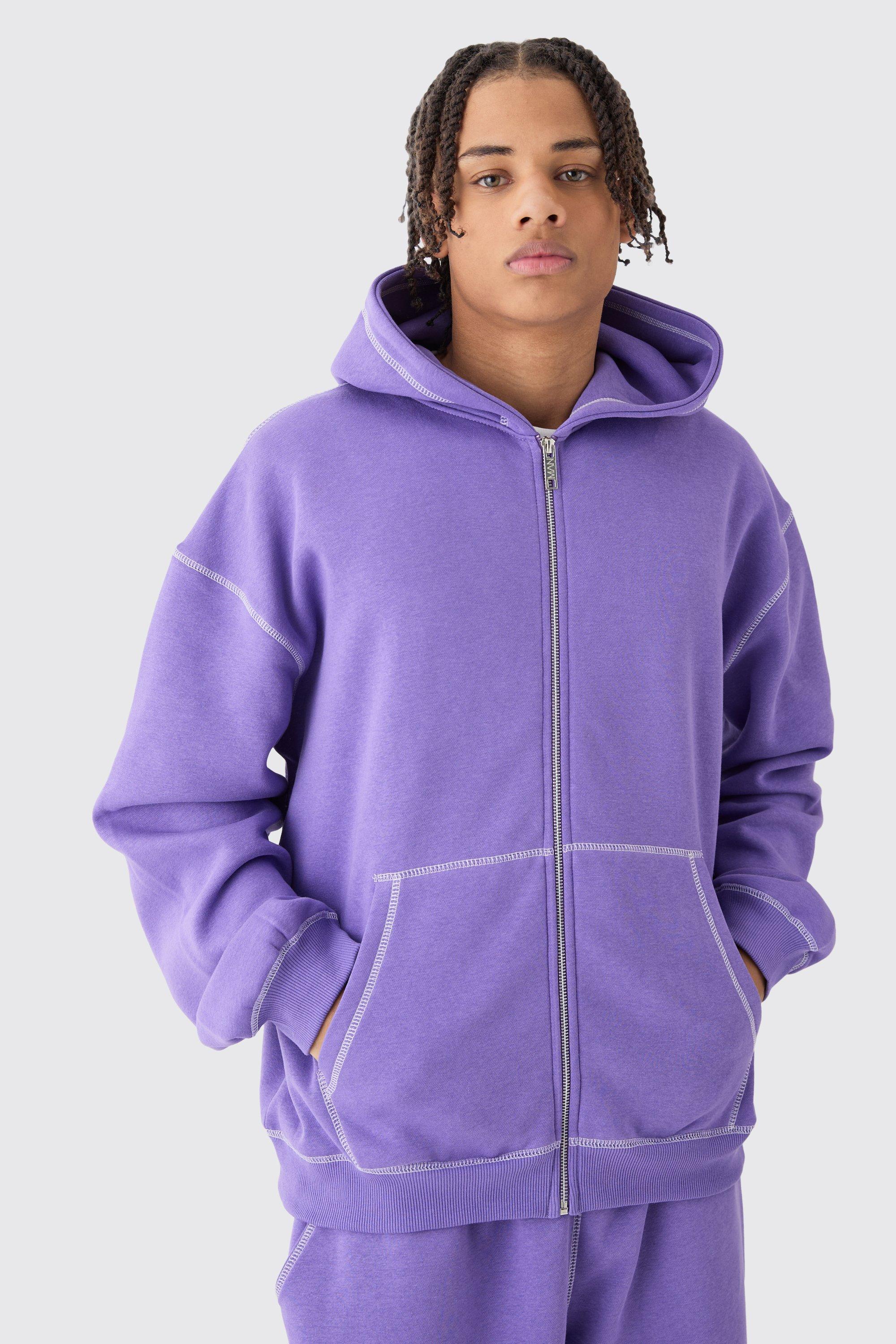 Mens Purple Oversized Contrast Stitch Zip Through Hoodie, Purple