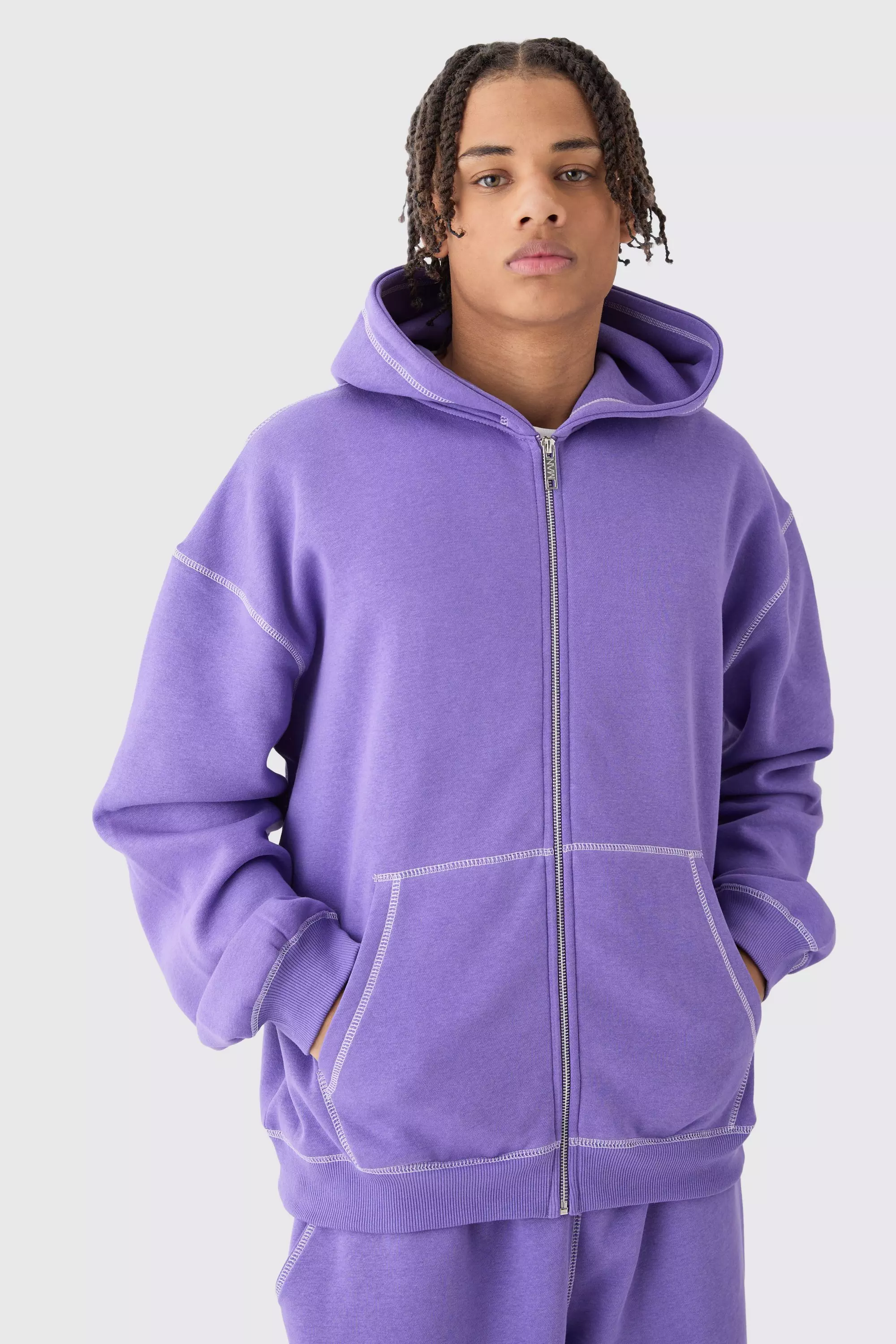 Oversized Contrast Stitch Zip Through Hoodie