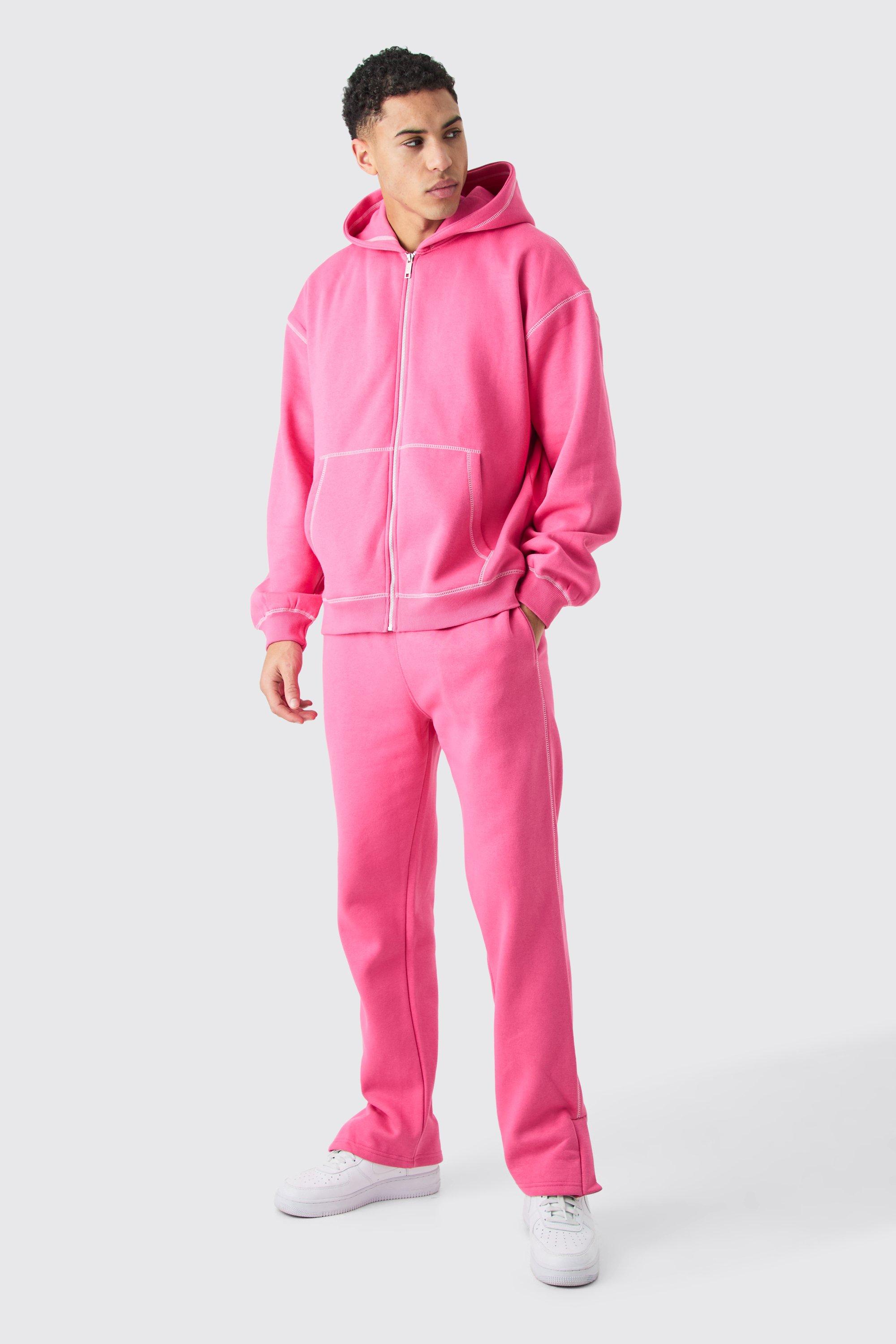 Image of Oversized Contrast Stitch Zip Through Hooded Tracksuit, Pink