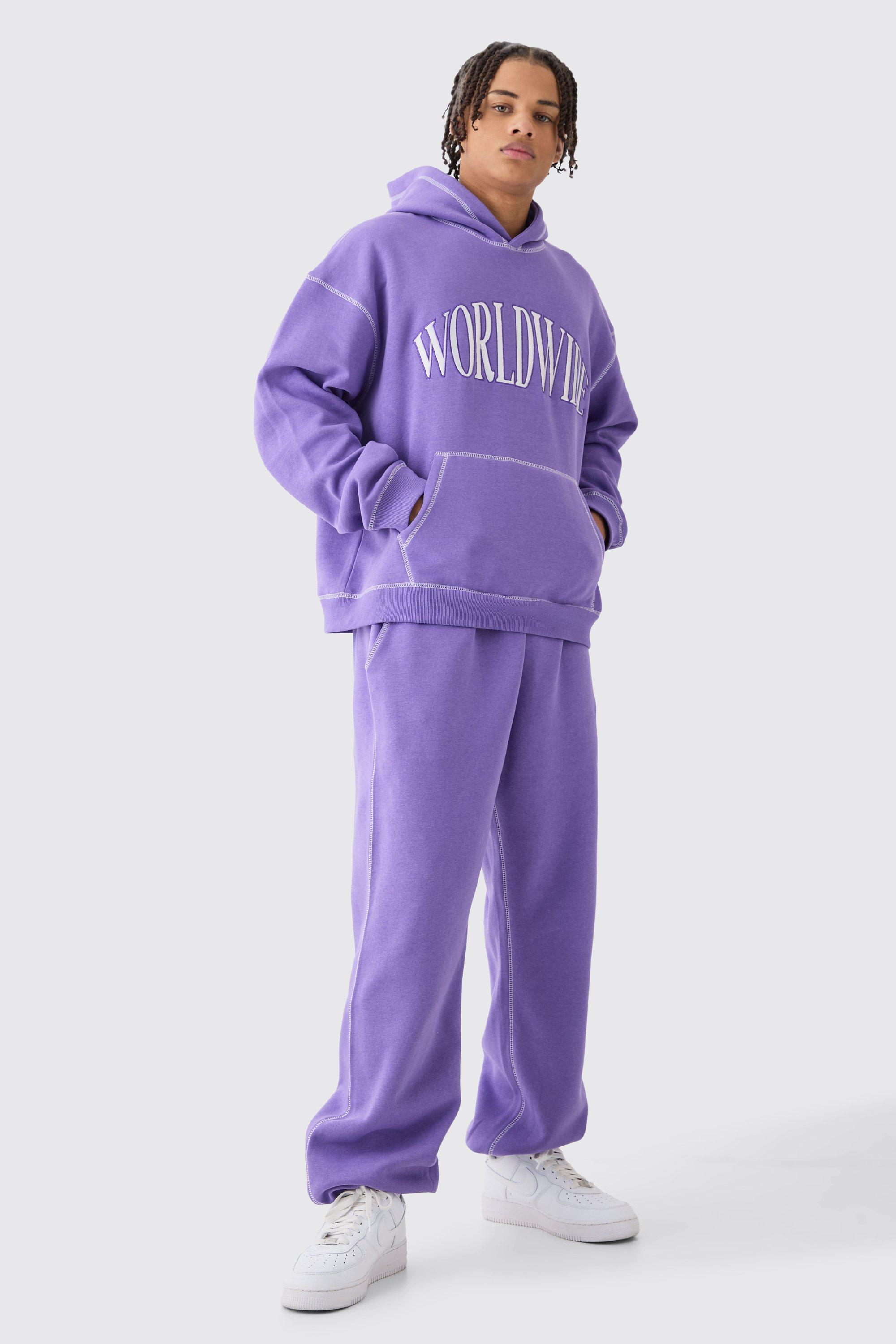 Image of Tuta sportiva squadrata oversize Worldwide con cuciture a contrasto e cappuccio, Purple
