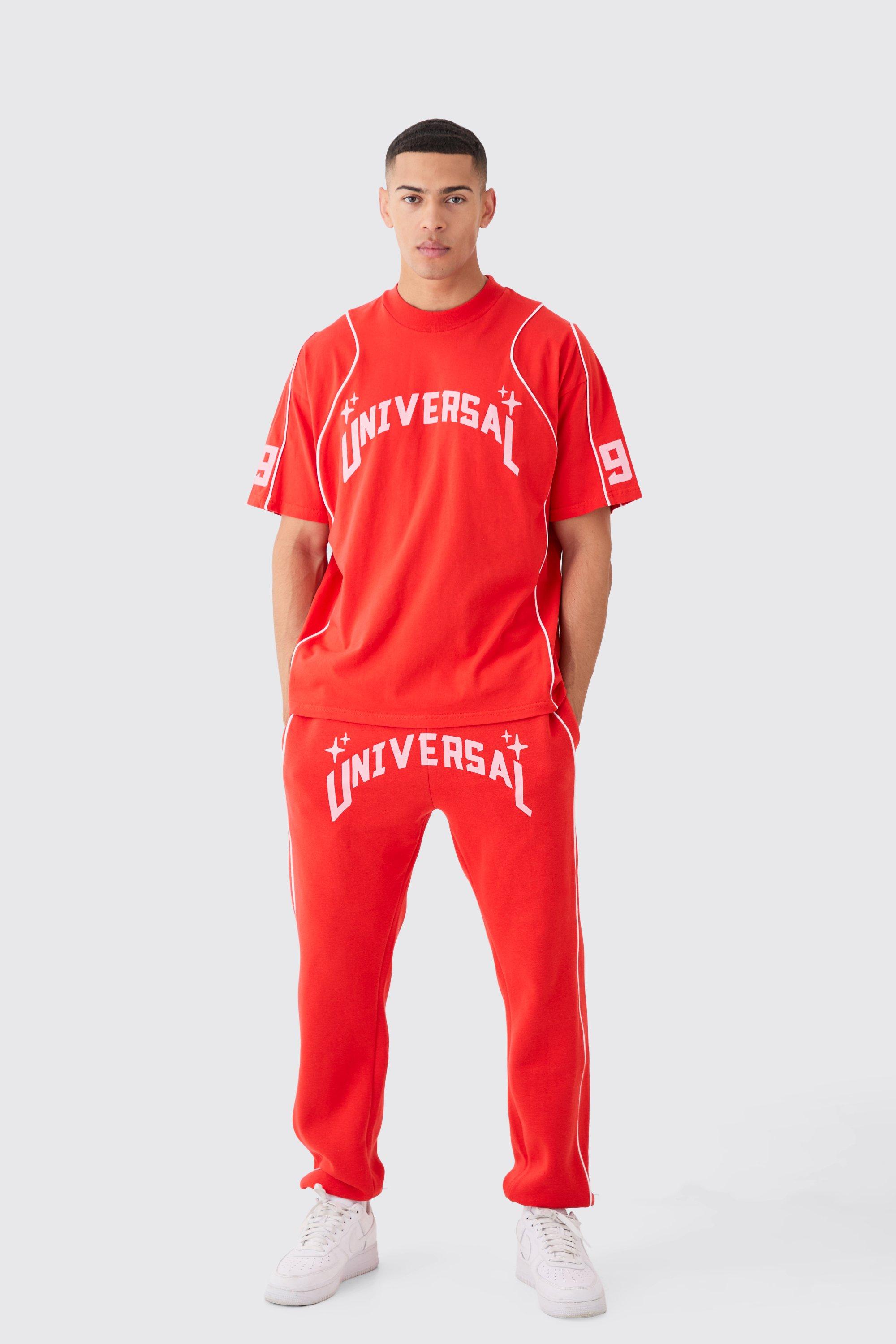 Image of T-shirt oversize con grafica Universal e girocollo esteso & pantaloni tuta, Rosso
