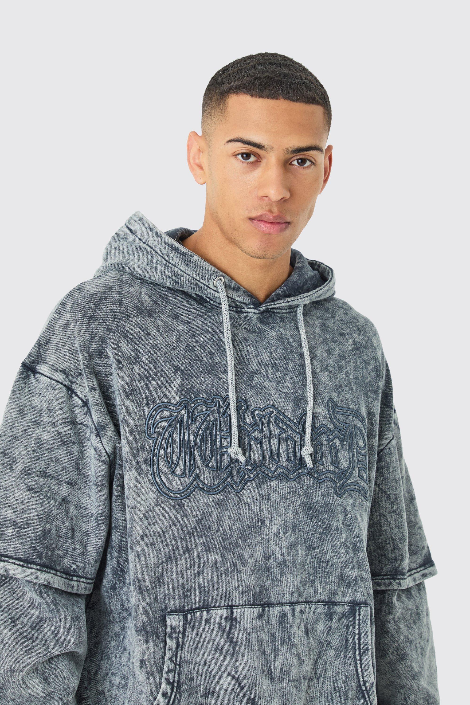 Mens Grey Oversized Faux Layer Acid Wash Embroidered Hoodie, Grey