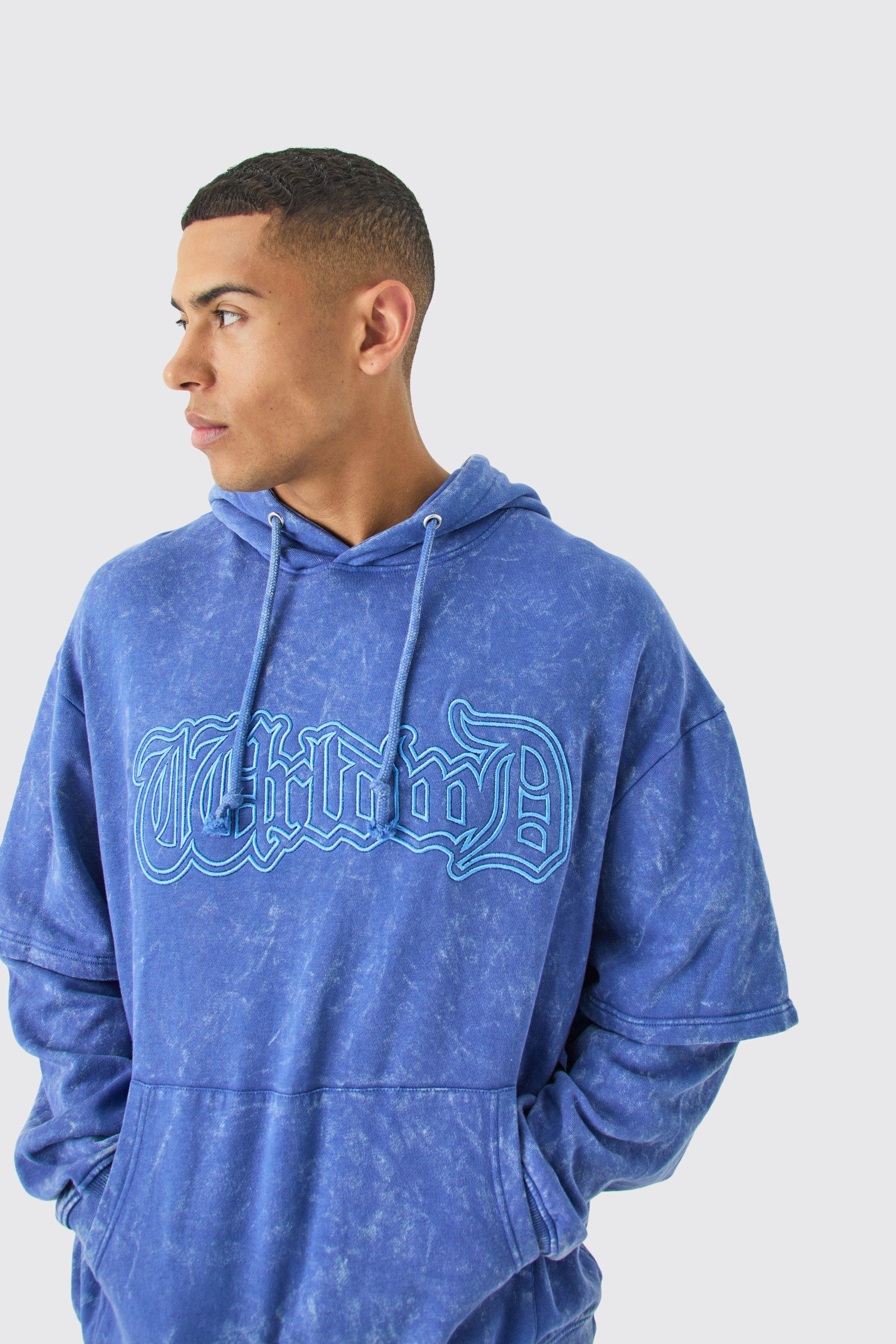 Image of Oversized Faux Layer Acid Wash Embroidered Hoodie, Azzurro