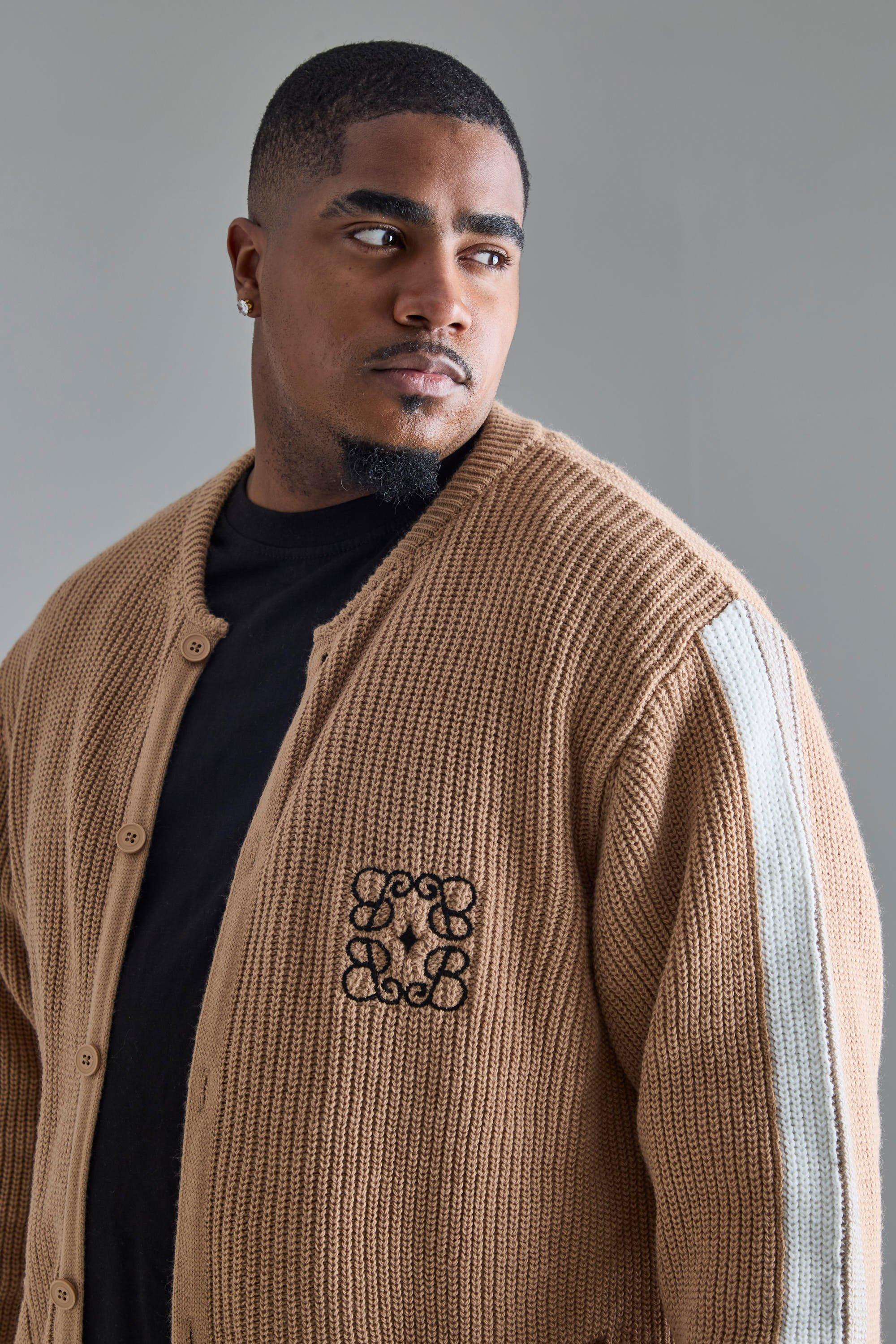 Image of Cardigan Plus Size in maglia a righe a blocchi di colore color talpa, Beige
