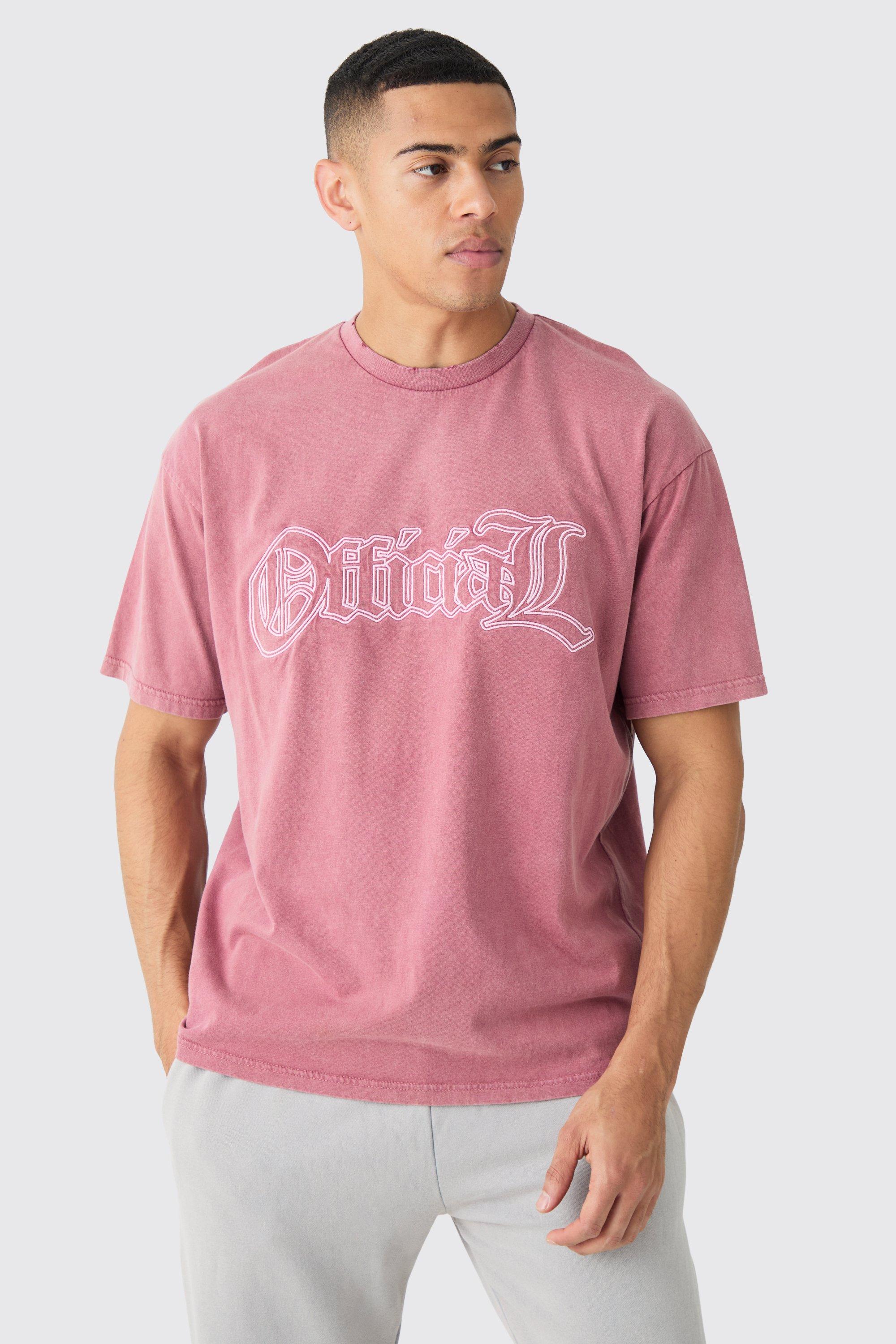 Image of Oversized Acid Wash Official Embroidered Distressed T-shirt, Pink