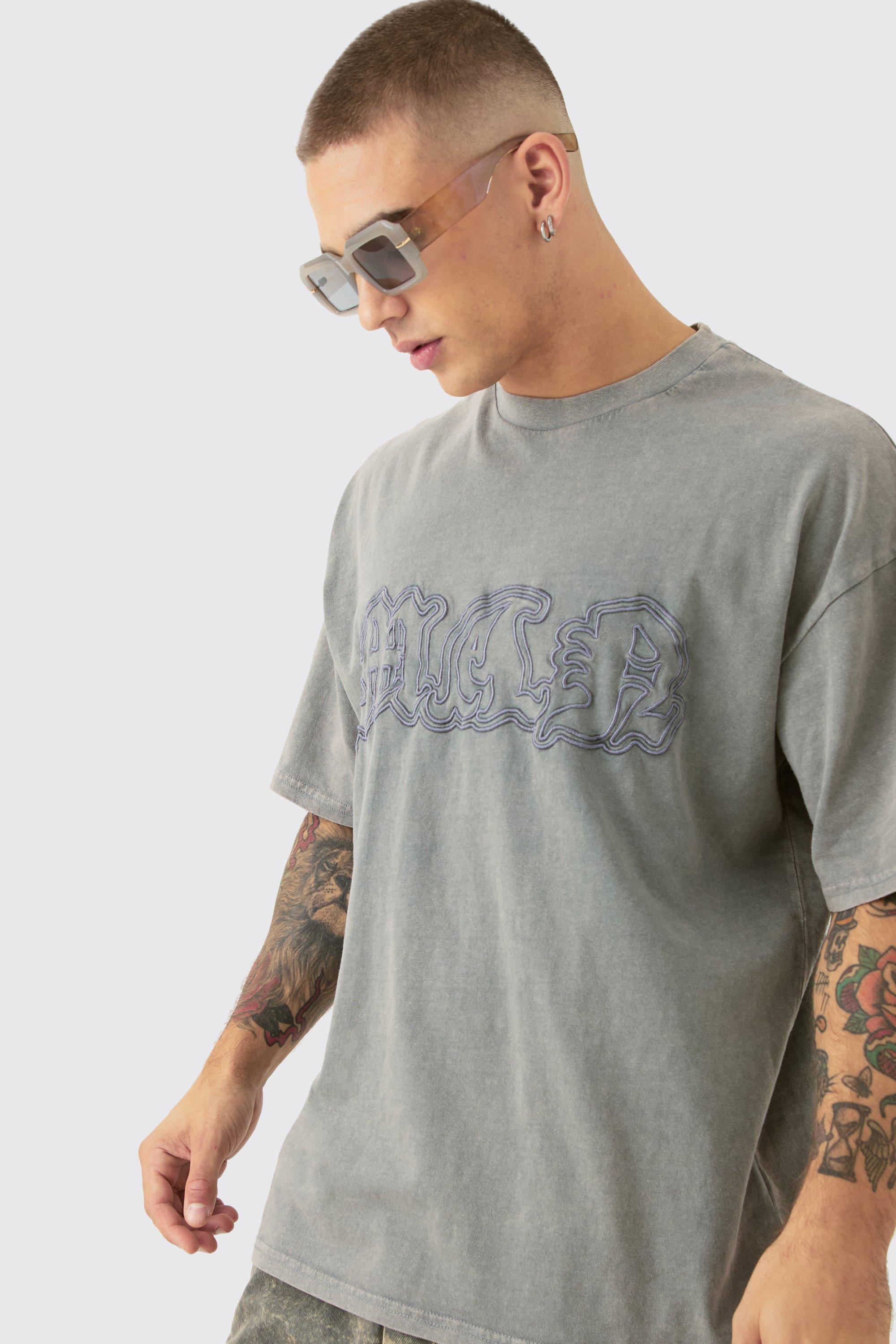 Image of Oversized Acid Wash Man Embroidered Distressed T-shirt, Beige
